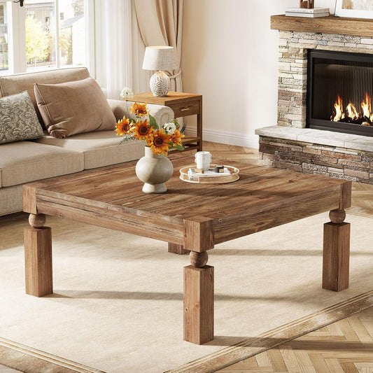 Square Wood Coffee Table, 39-Inch Farmhouse Coffee Table with Sturdy Legs, Rustic Accent Center Table for Living Room, Easy Assembly, Brown