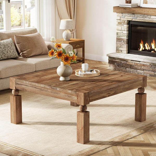 Square Wood Coffee Table, 39-Inch Farmhouse Coffee Table with Sturdy Legs, Rustic Accent Center Table for Living Room, Easy Assembly, Brown