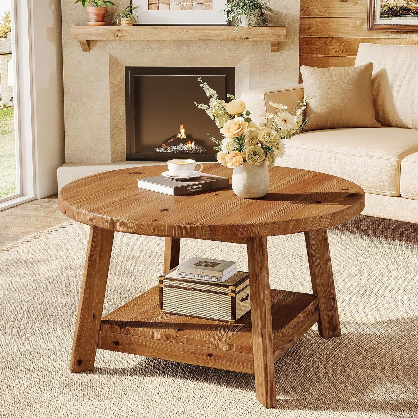 Solid Wood Round Coffee Table for Living Room, 31.5” Farmhouse Wooden 2-Tier Circle Center Cocktail Accent Table with Storage Shelf and Tapered Legs for Apartment, Small Space, Brown