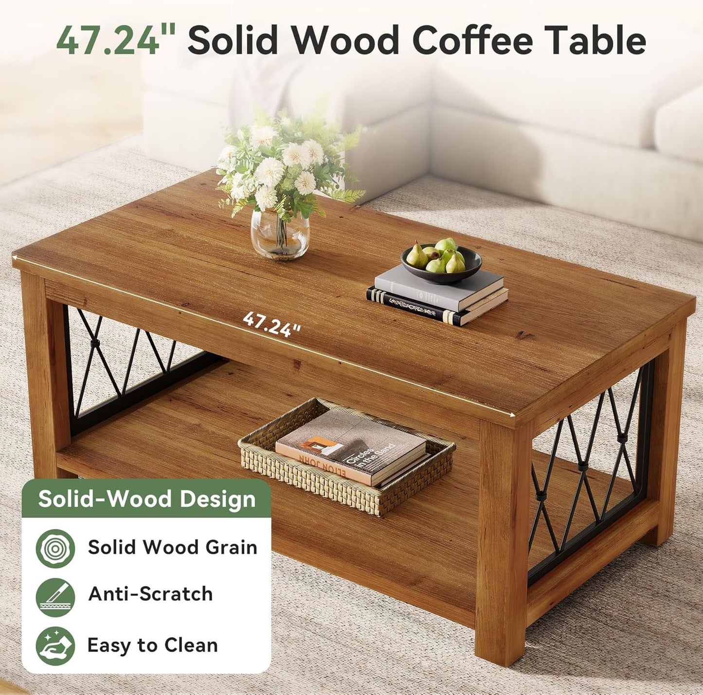 47.2" Solid Wood Coffee Table, 2-Tier Storage Design, Farmhouse Rectangular Center Cocktail Table, Rhomboid Metal Frame, for Living Room, Office, Balcony, Easy Assembly