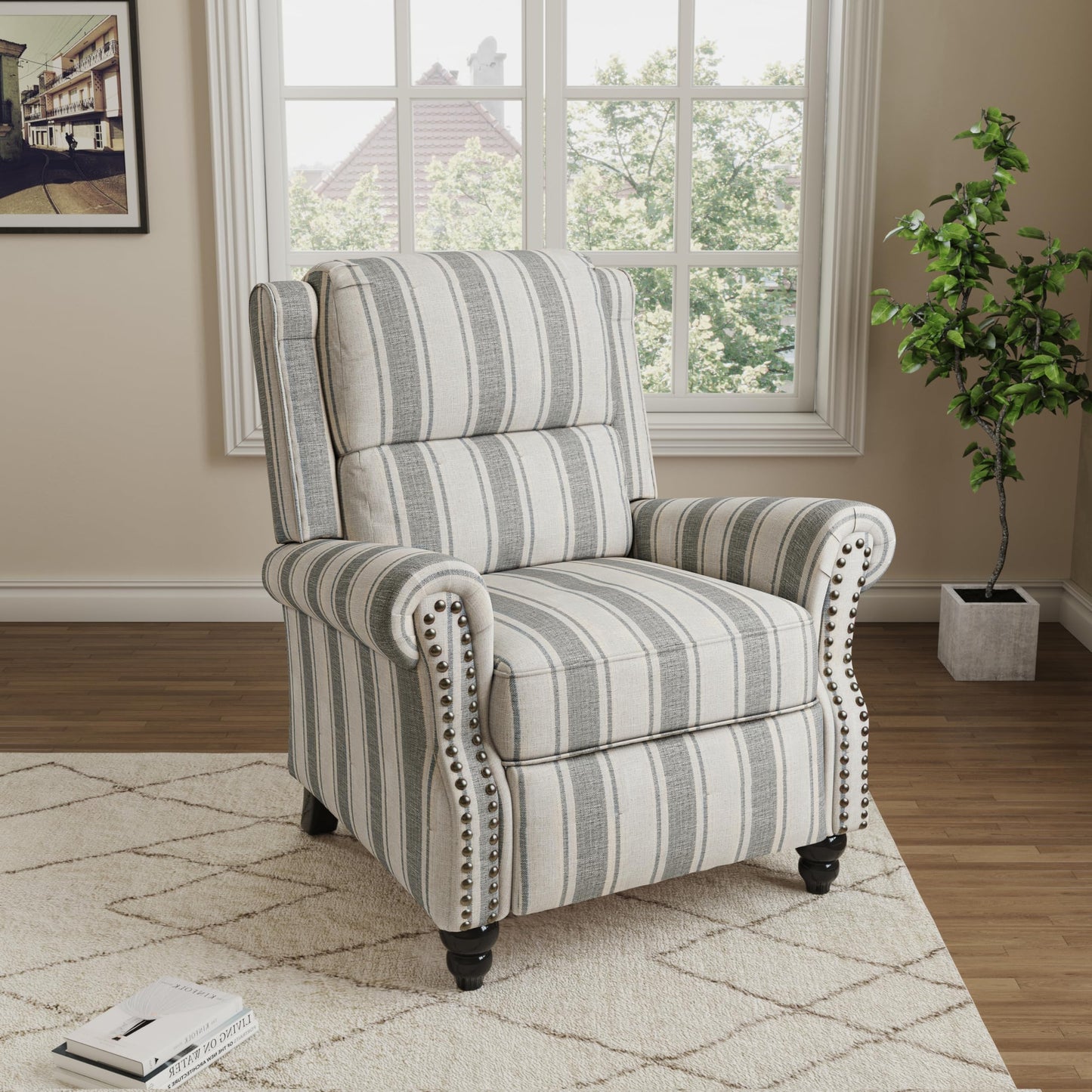 Pushback Recliner Chairs Set of 2, Comfy Fabric Wingback Recliner Chair, Upholstered Armchair Push Back Recliner with Wood Legs, Rivet Trim Accent Chair for Living Room, Bedroom, Blue Stripe