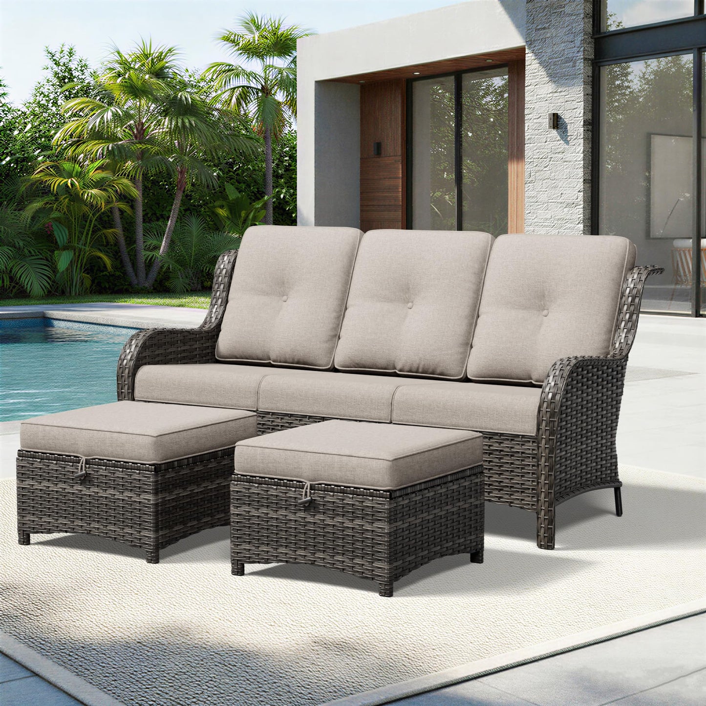 Joyside Outdoor Patio Couch, 3 Seater Outdoor Wicker Sofa with High Back, Deep Seating, Wide Armrest, Thickened Cushions, Patio Sofa for Deck, Porch Use