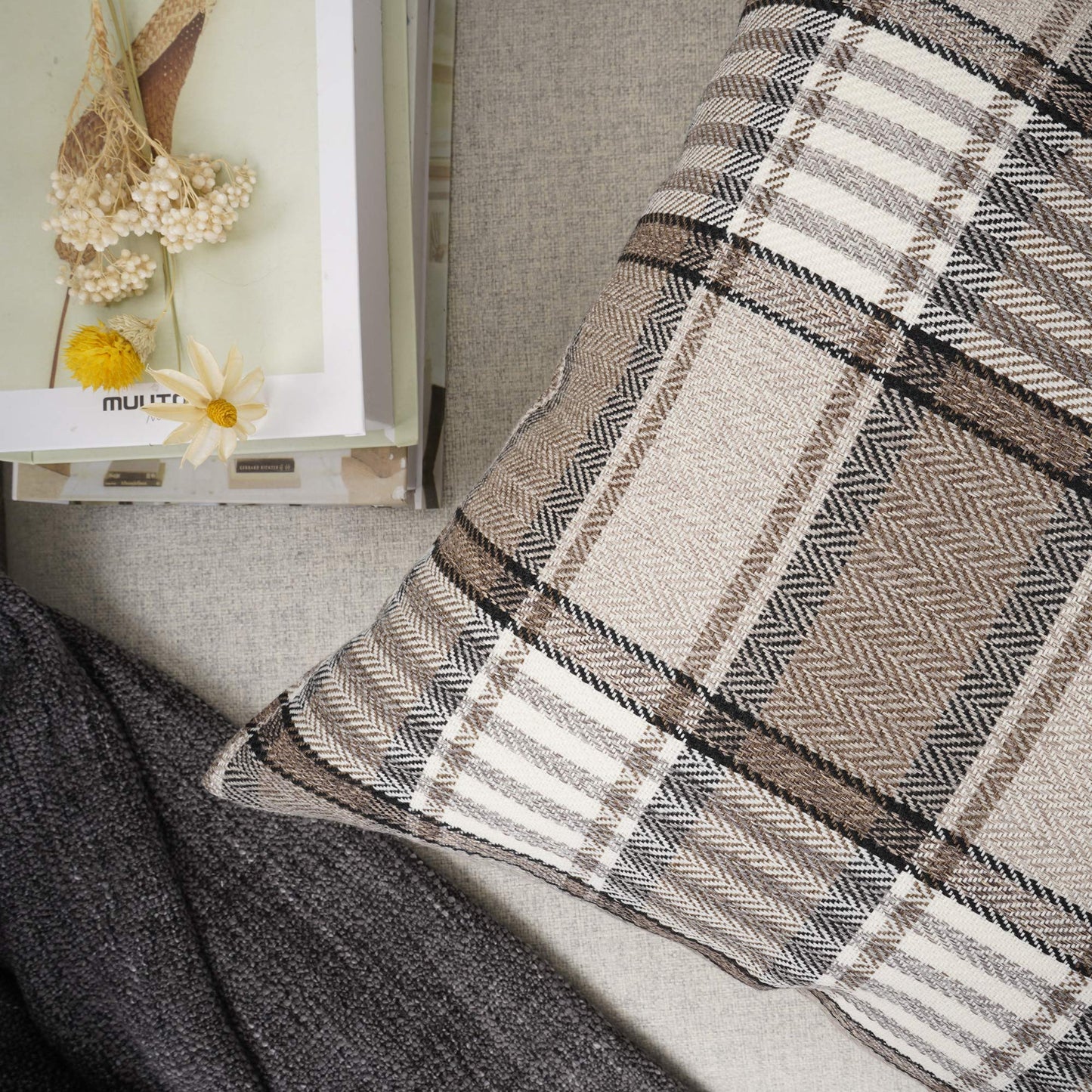 YOUR SMILE Retro Farmhouse Outdoor Buffalo Tartan Chequer Plaid Cotton Linen Decorative Throw Pillow Case Cushion Cover Pillowcase for Sofa 18 x 18 Inch, Set of 2, Khaki/Stripe