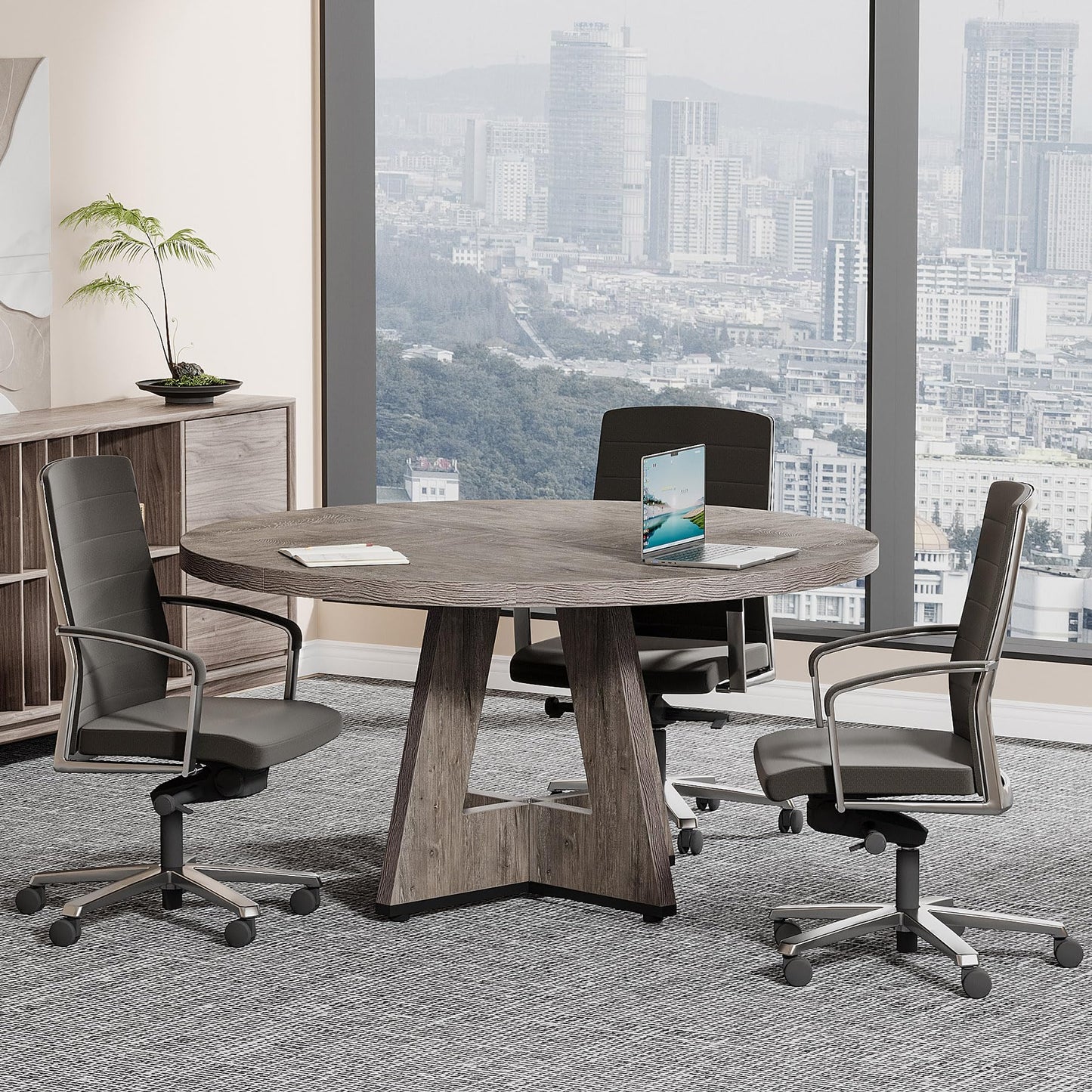Tribesigns 47-Inch Round Conference Table for 4-6 People, Wooden Meeting Room Table with Thicken Tabletop and Wood Base (Grey)