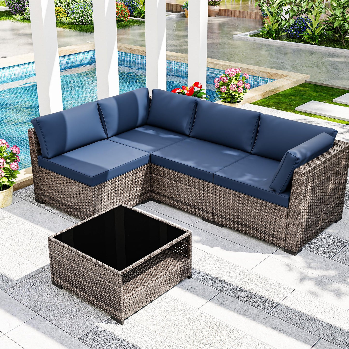Joyside 5-Piece Patio Furniture Set, Rattan Outdoor Sectional Wicker Patio Conversation Set with Cushions and Coffee Table