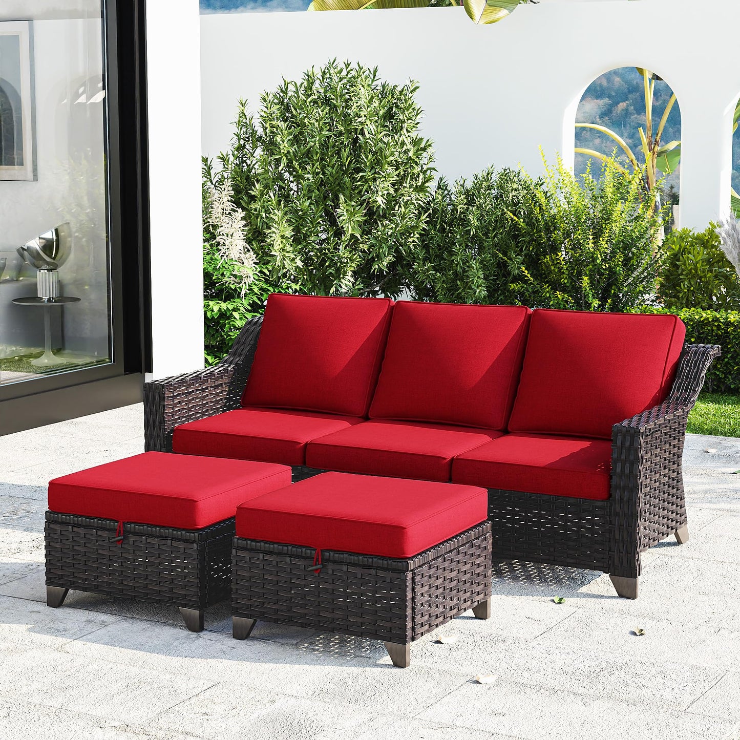 Joyside Patio Sofa - 3 Seater Rattan Sofa, All Weather High Back Sofa, Upgraded Large Size with 4inch Seat Cushions for Backyard, Garden, Poolside (Brown/Blue)