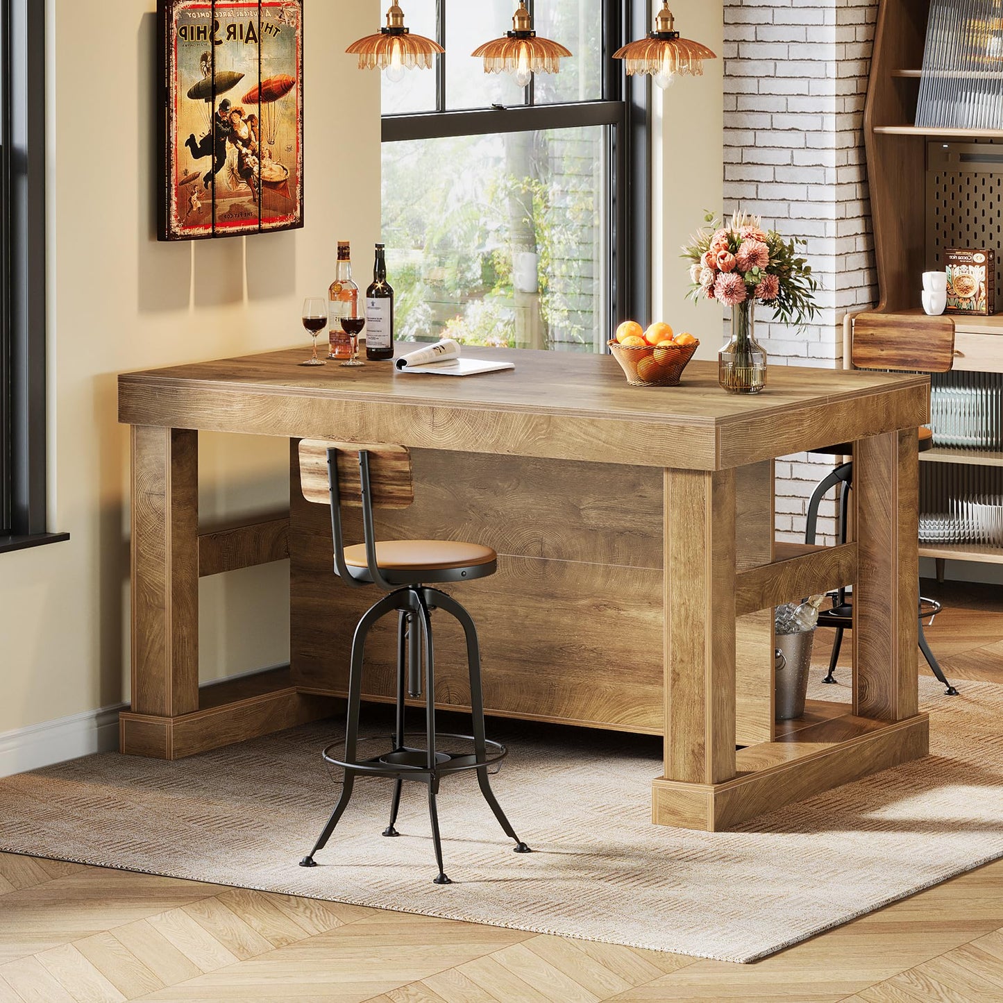 Tribesigns 55" Kitchen Island with Seating and Storage, 3-Tier Farmhouse Wood Stationary Island Table with Large Worktop & Leg Room, Coffee Bar Table with Storage Shelves for Kitchen, White and Brown