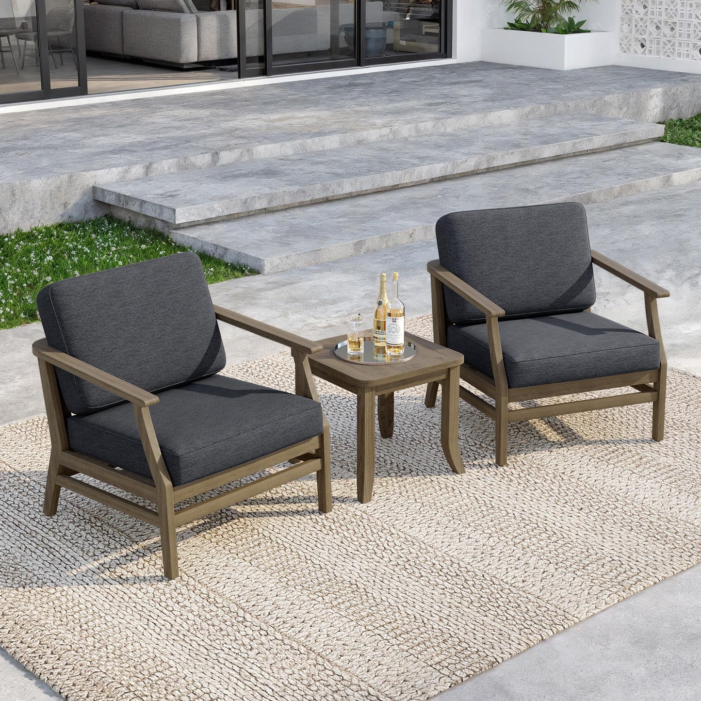 Outdoor Patio Armchairs, 2 Pieces Solid Wood Patio Furniture Sets with Washable Thick Cushions, All-Weather Outdoor Sofa Chairs for Backyard, Garden, Poolside, Natural Frame & Dark Gray Cushion