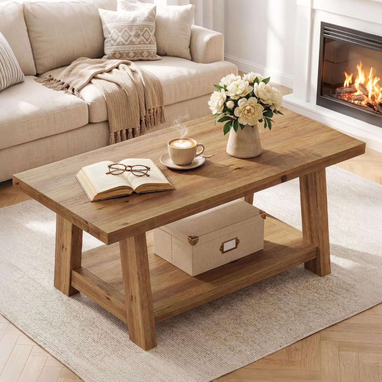 Rustic Solid Wood Coffee Table, 2-Tier Rectangle Accent Center Table with Lower Storage Shelf, Farmhouse Simple Cocktail Tea Tables with Sturdy Legs for Living Room, Brown