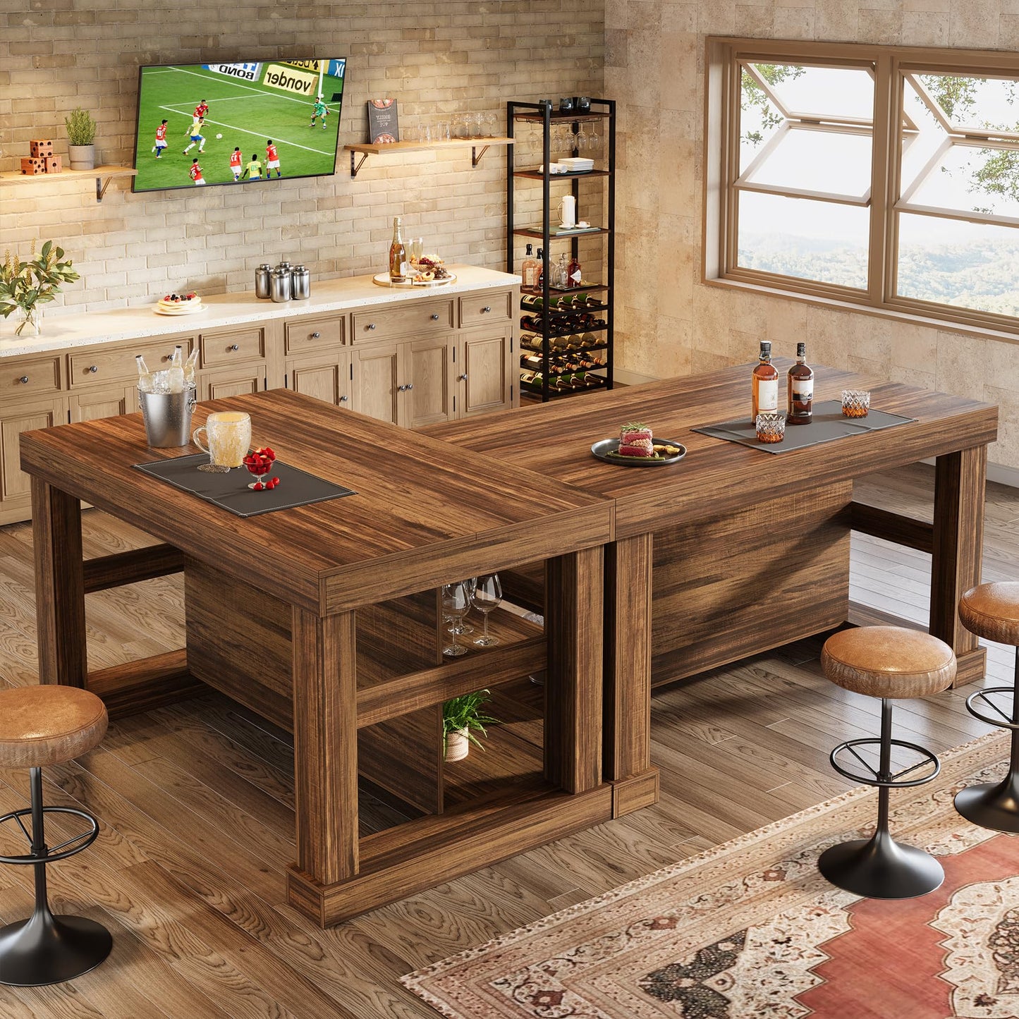 Tribesigns 55" Kitchen Island with Seating and Storage, 3-Tier Farmhouse Wood Stationary Island Table with Large Worktop & Leg Room, Coffee Bar Table with Storage Shelves for Kitchen, White and Brown