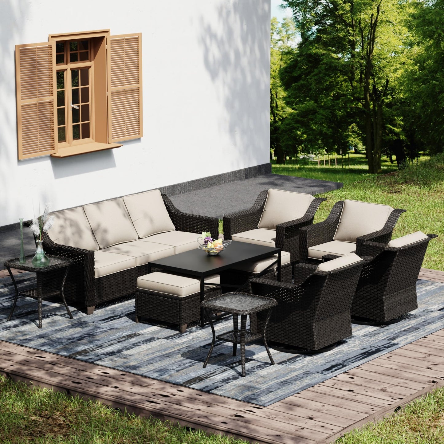 Joyside Patio Sofa - 3 Seater Rattan Sofa, All Weather High Back Sofa, Upgraded Large Size with 4inch Seat Cushions for Backyard, Garden, Poolside (Brown/Blue)