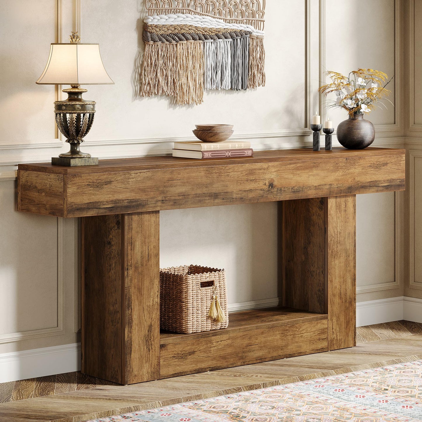 Tribesigns 63" Console Table, Farmhouse 2-Tier Entryway Table with U-Shaped Base, Narrow Long Wood Sofa Table Behind Couch Table for Living Room, Hallway, Foyer, Vintage Brown & Gray | Farmhouse