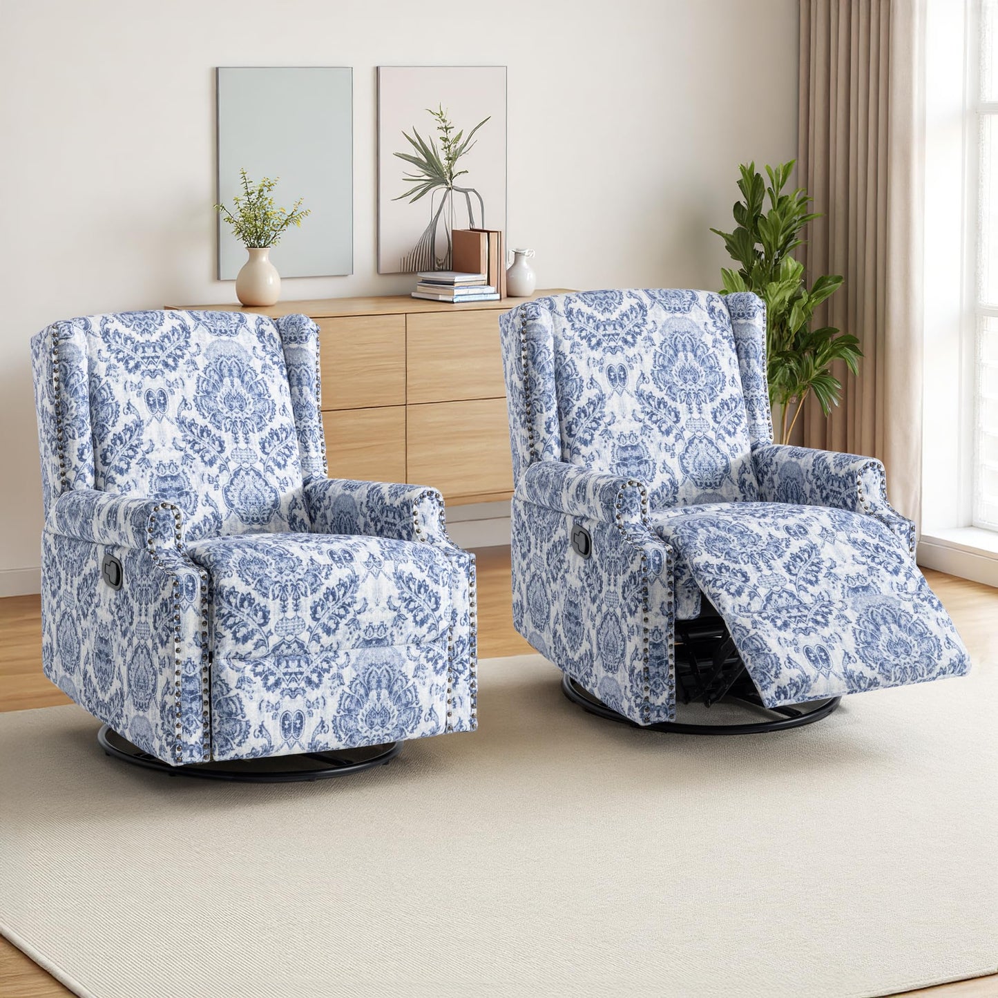 Swivel Rocker Recliner Chair, 360° Swivel Wingback Recliner Chairs for Adults, Upholstered Printed Fabric Glider Rocking Chair with High Back, Deep Seat for Living Romm Bedroom, Bird