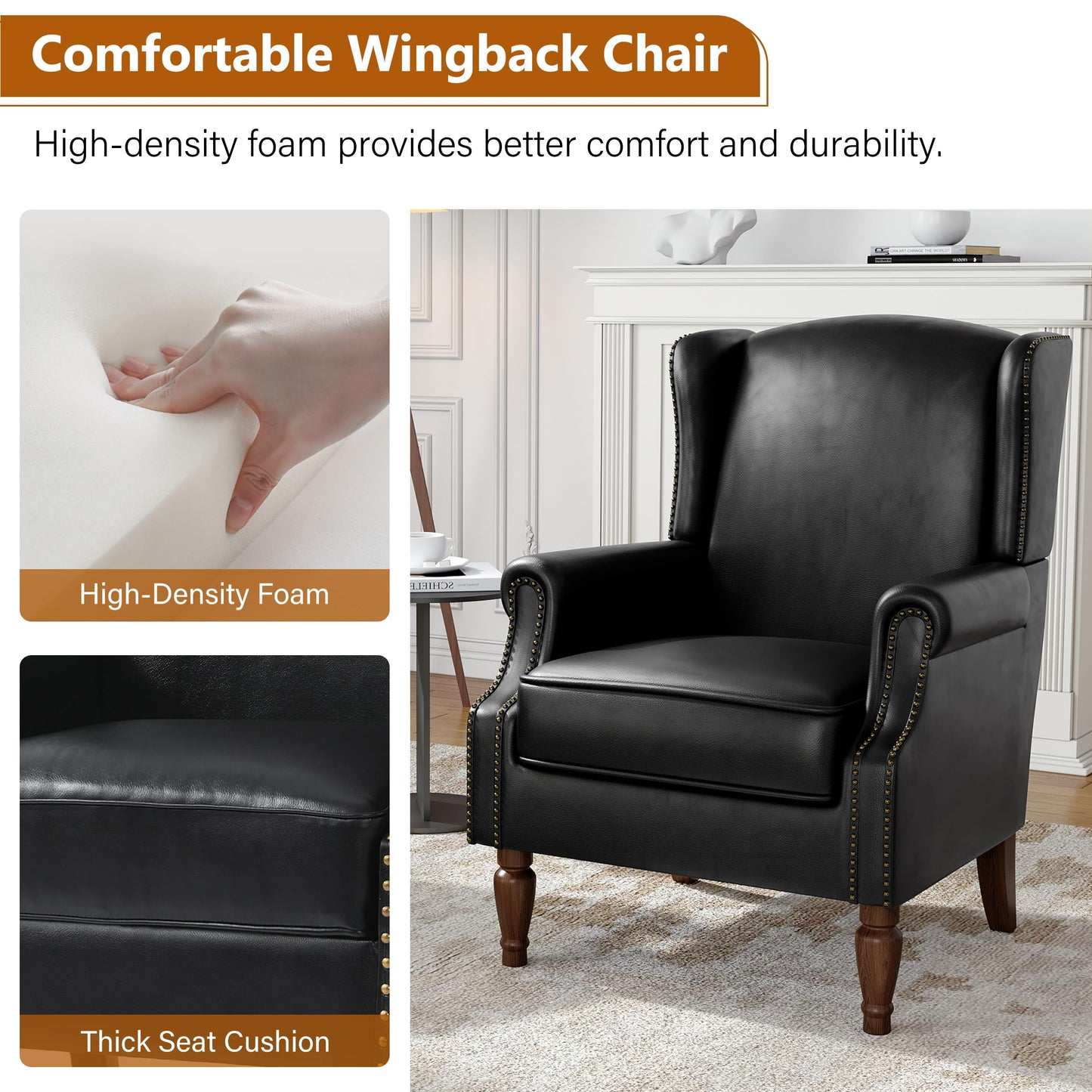 Floral Wingback Accent Chair, High Back Upholstered Armchair, Comfy Fabric Wingback Arms Chairs with Solid Wood Legs, Single Sofa Reading Chair for Bedroom Living Room, Beige