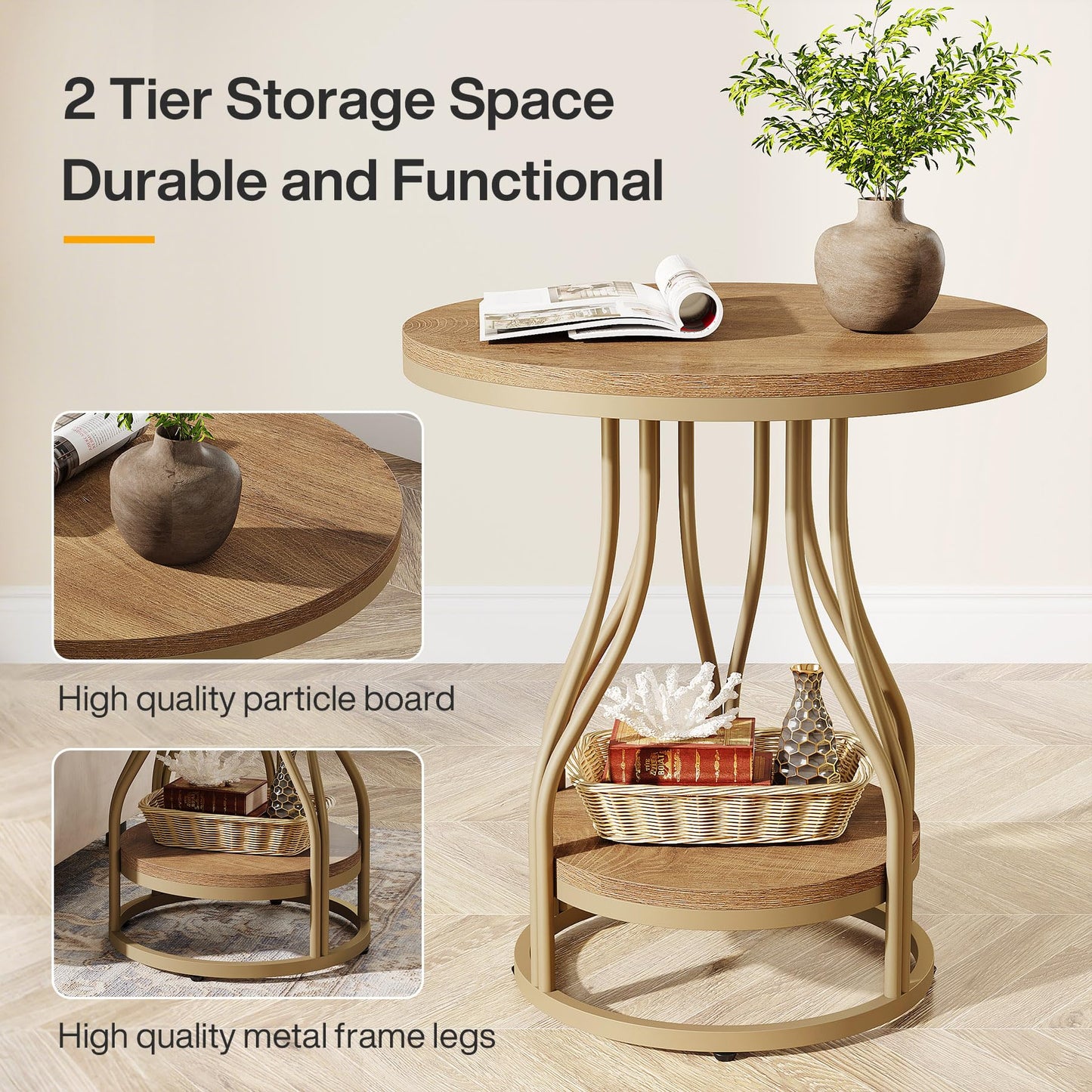 Tribesigns Round Side End Table 2-Tier End Tables Modern Bedside Table Small Chairside Tables with Storage for Couch Side, Nightstand with Metal Frame for Living Room (1, White+Gold)