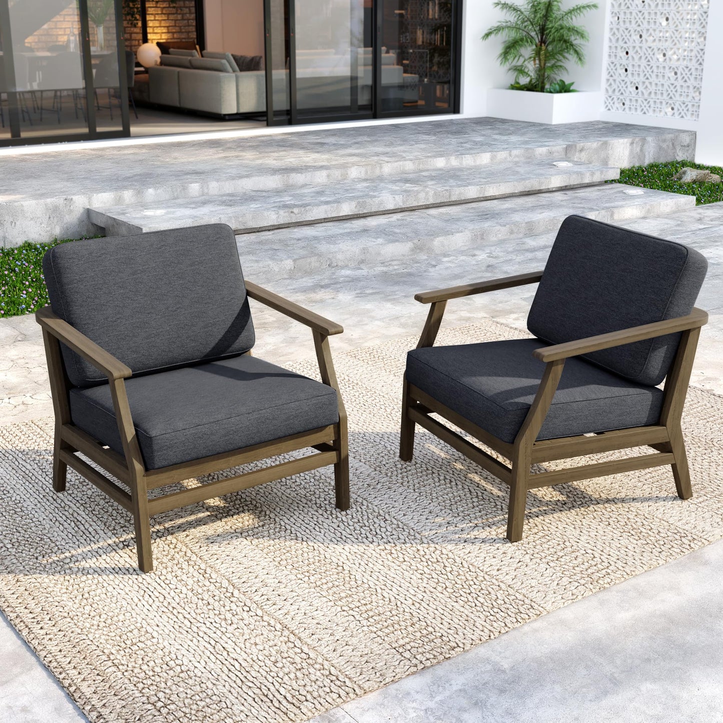 Outdoor Patio Armchairs, 2 Pieces Solid Wood Patio Furniture Sets with Washable Thick Cushions, All-Weather Outdoor Sofa Chairs for Backyard, Garden, Poolside, Natural Frame & Dark Gray Cushion