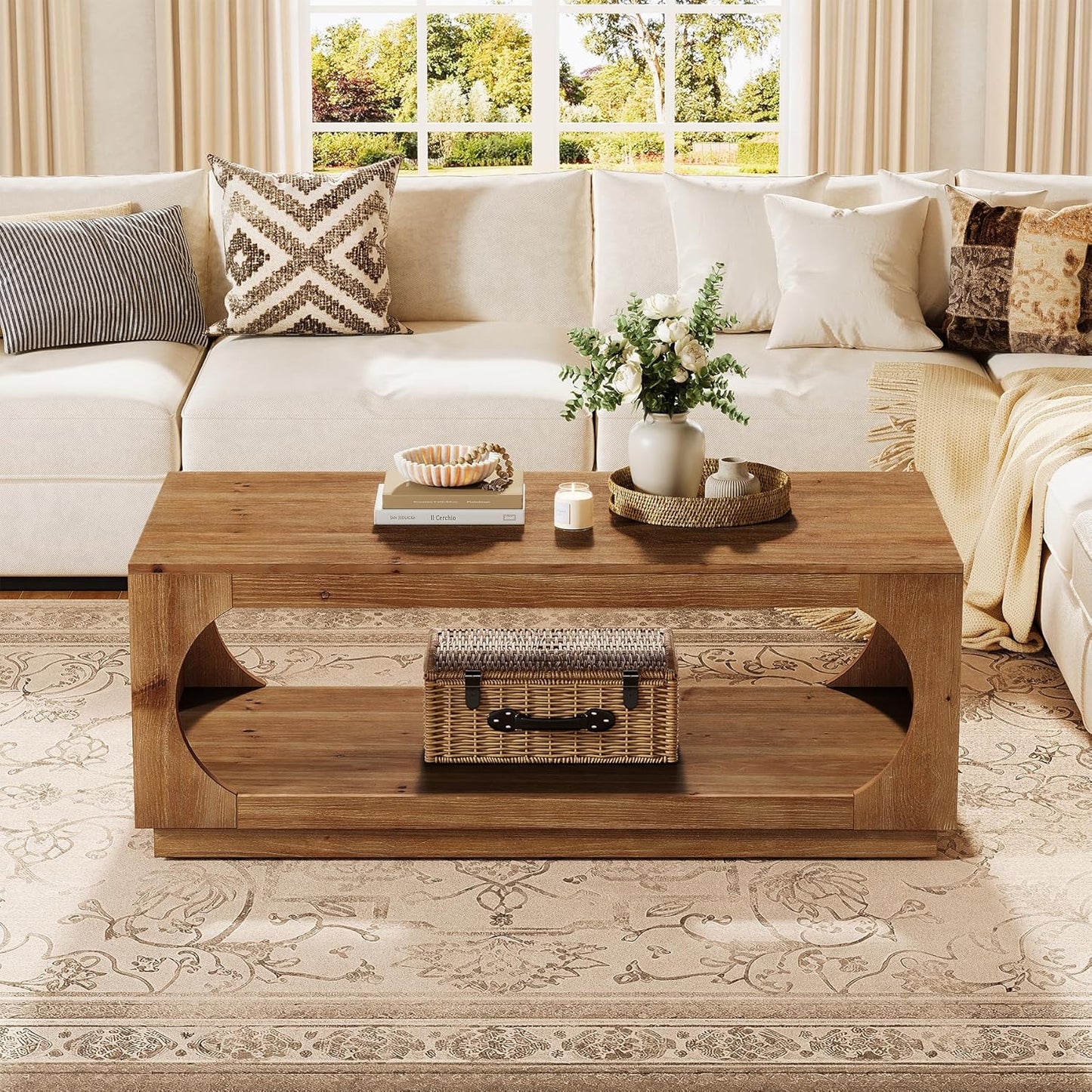Solid Wood Coffee Table, 47.2" Farmhouse Wooden Center Tables with Storage for Living Room, 2-Tier Rectangular Cocktail Tea Table for Apartment, Home Office