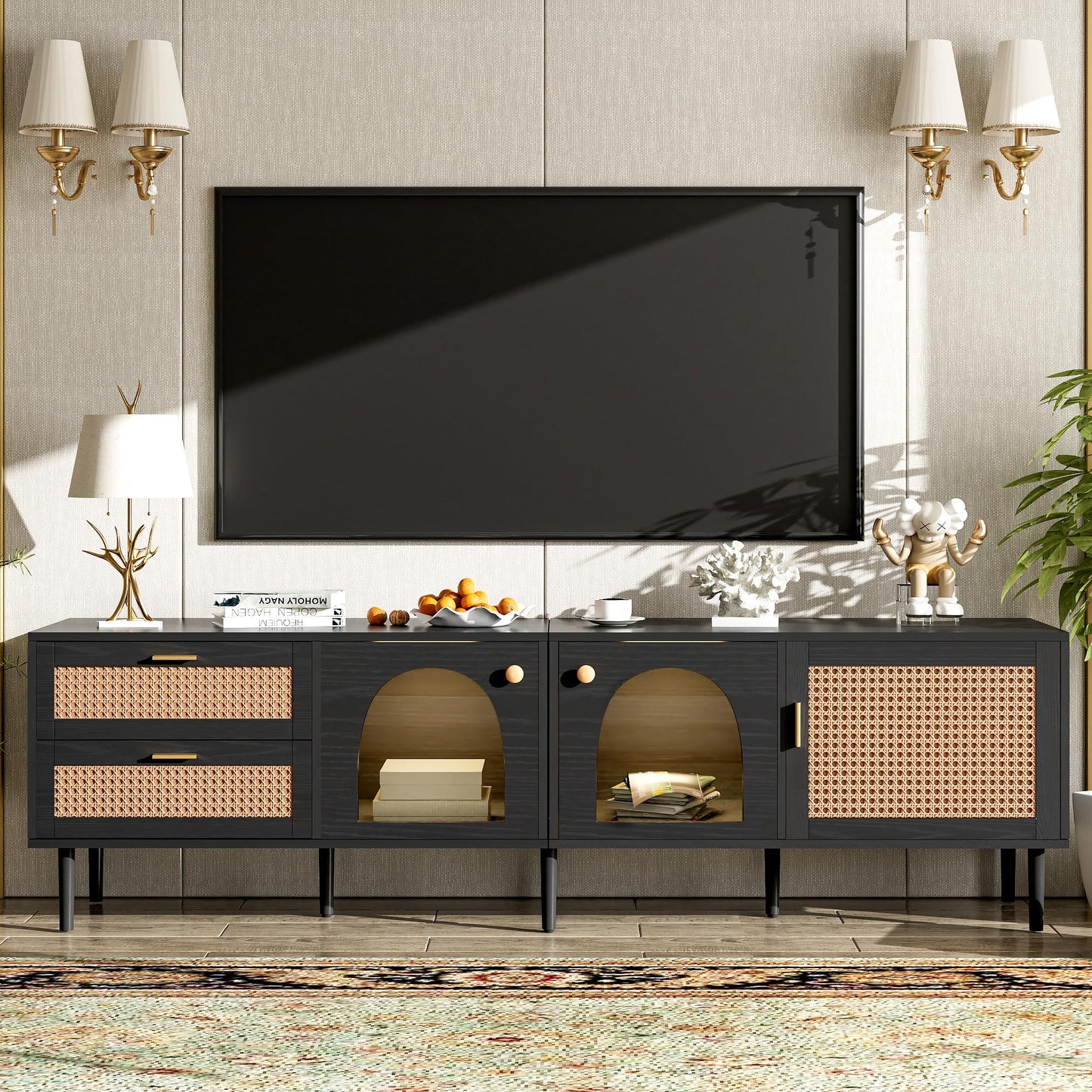 LKTART 67" Mid Century Modern TV Stand for 65/70/75/80" TVs,Entertainment Center with Sliding Doors and Drawers,Media Console for Living Room
