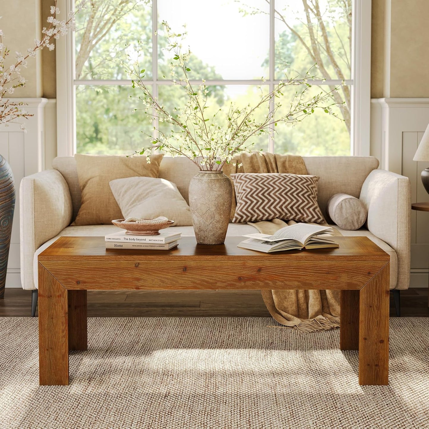 Rectangular Coffee Table, 47-Inch Solid Wood Living Room Coffee Table, Mid Century Modern Center Cocktail Table for Living Room, Apartment, Office, Antique Brown