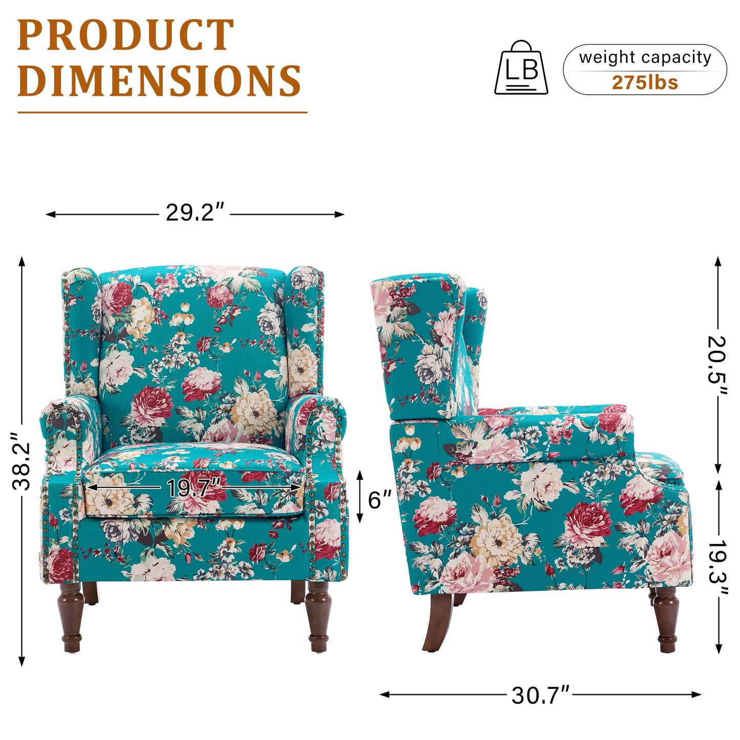 Floral Wingback Accent Chair, High Back Upholstered Armchair, Comfy Fabric Wingback Arms Chairs with Solid Wood Legs, Single Sofa Reading Chair for Bedroom Living Room, Beige