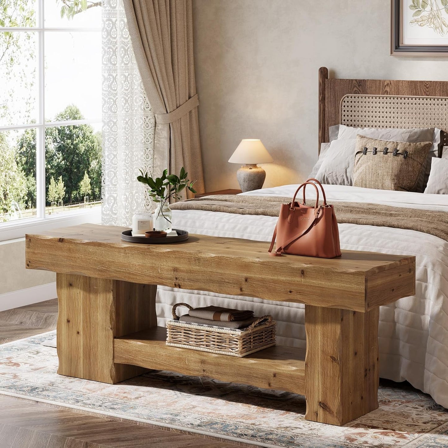Solid Wood Bench 63" Two Tier Entryway Shoe Rack Bench, End of Bed Bench with Storage, Rustic Wood Bench for Bedroom, Hallway, Living Room, Kitchen, Dining, Rustic Brown