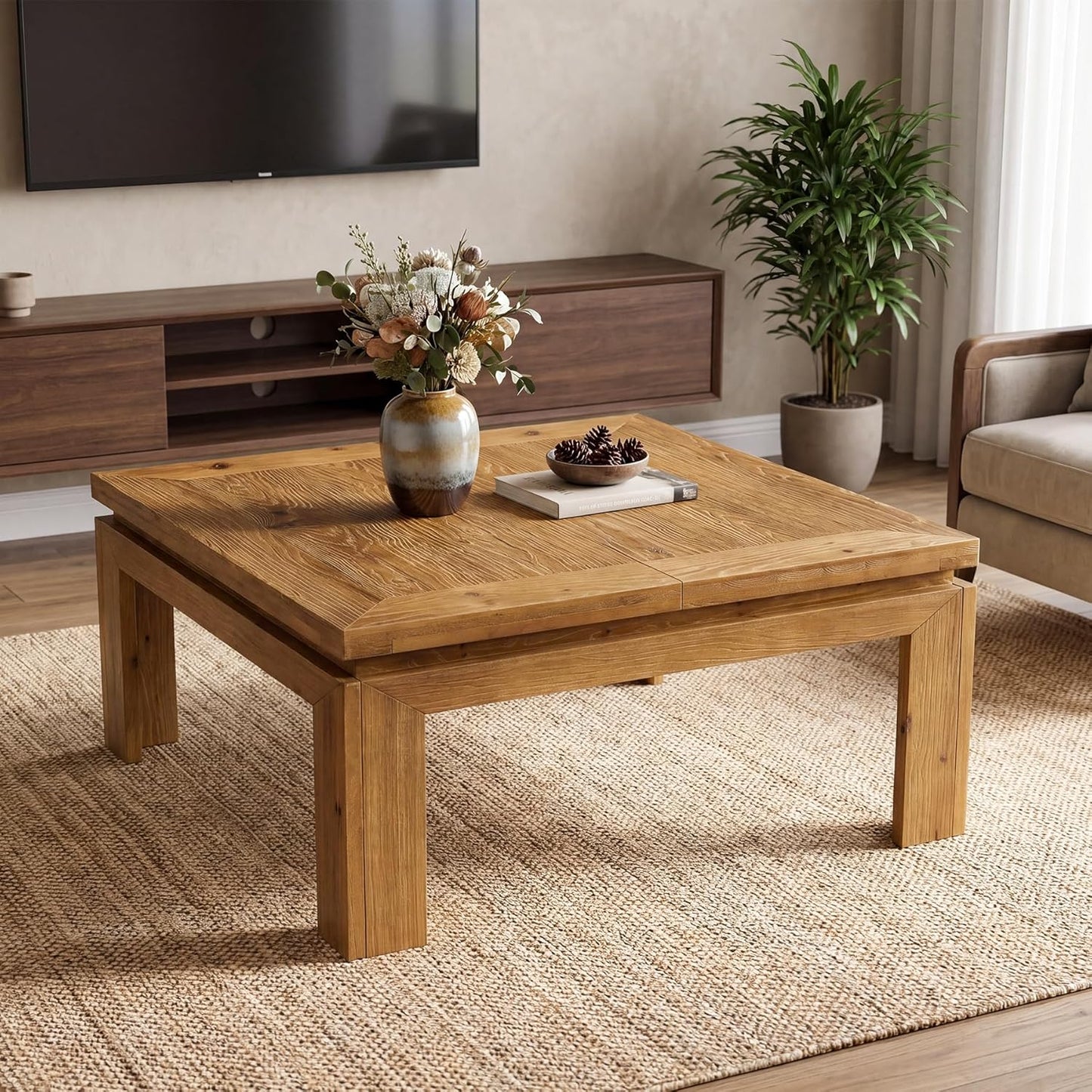 Solid Wood Square Coffee Table, 39.4" x 39.4" Farmhouse Cocktail Center Table with Recessed Edge Design, Easy Assembly, Living Room, Natural Brown