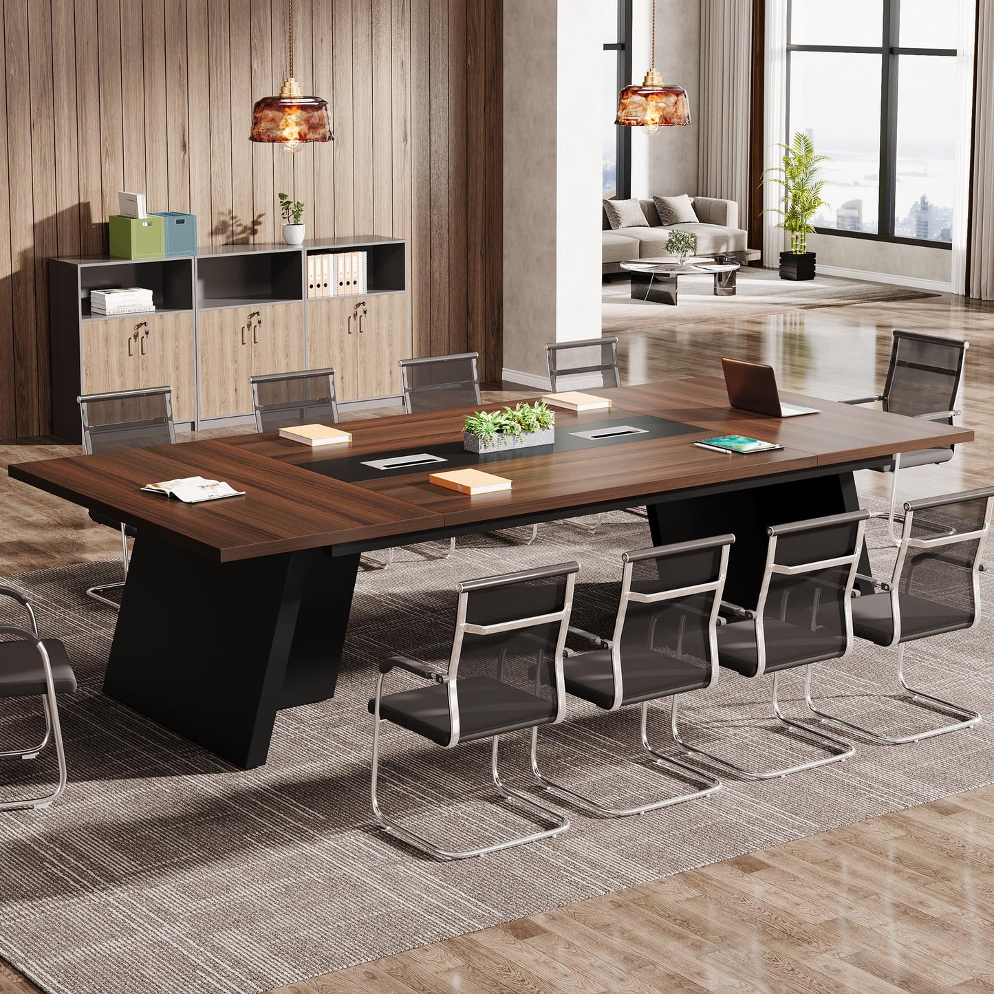 Tribesigns 8ft Conference Table, Modern Office Meeting Room Desk with Cable Management, Large Business Furniture for Boardroom, Conference Room (1, Walnut + Black)