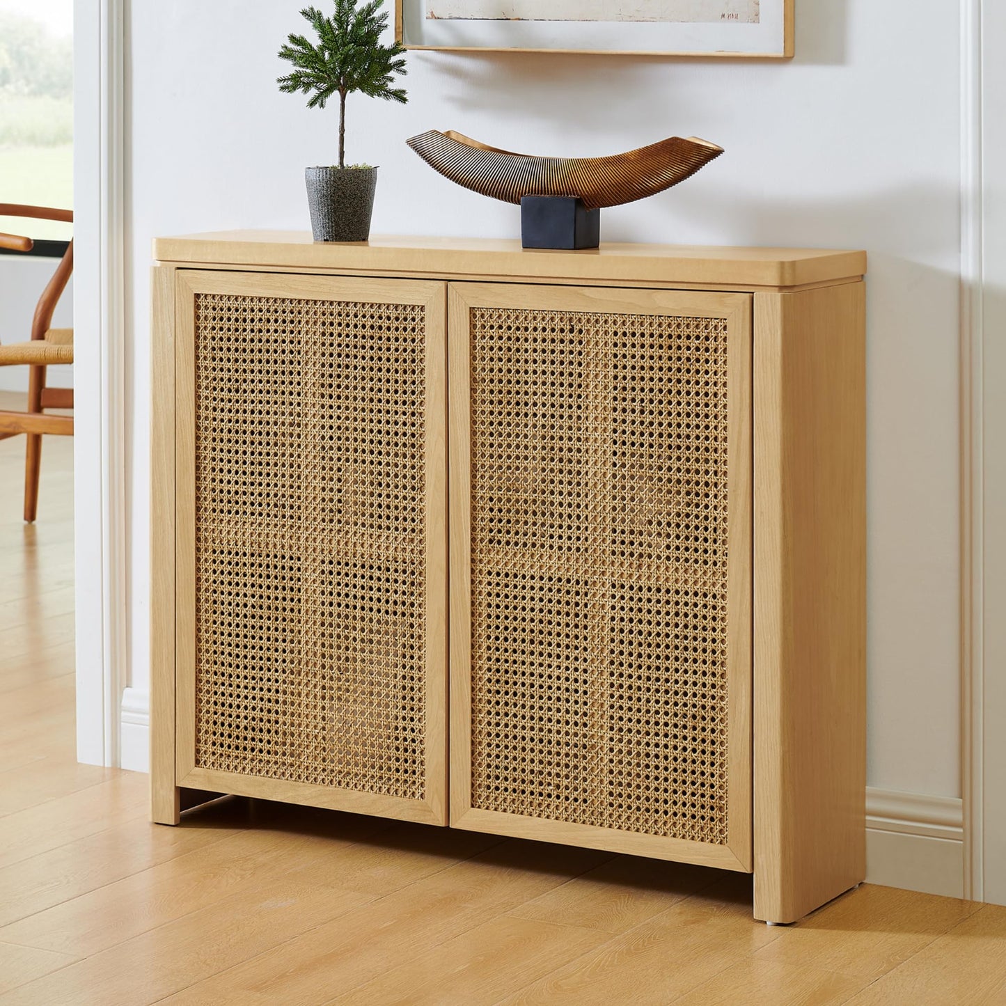 LKTART 63" Rattan Sideboard Buffet Cabinet,Kitchen Storage Cabinet,Wood Coffee Bars with 4 Doors & Open Storage Shelves,Mid Century Modern Credenza Console Table for Living Room,Walnut