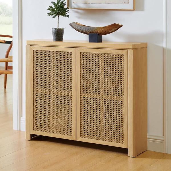 LKTART 63" Rattan Sideboard Buffet Cabinet,Kitchen Storage Cabinet,Wood Coffee Bars with 4 Doors & Open Storage Shelves,Mid Century Modern Credenza Console Table for Living Room,Walnut