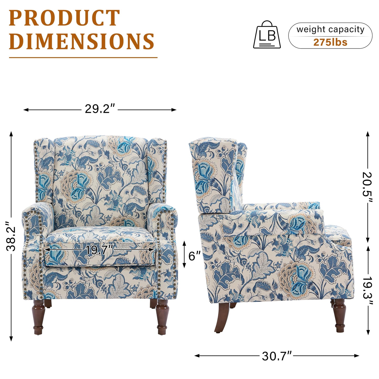 Floral Wingback Accent Chair, High Back Upholstered Armchair, Comfy Fabric Wingback Arms Chairs with Solid Wood Legs, Single Sofa Reading Chair for Bedroom Living Room, Beige