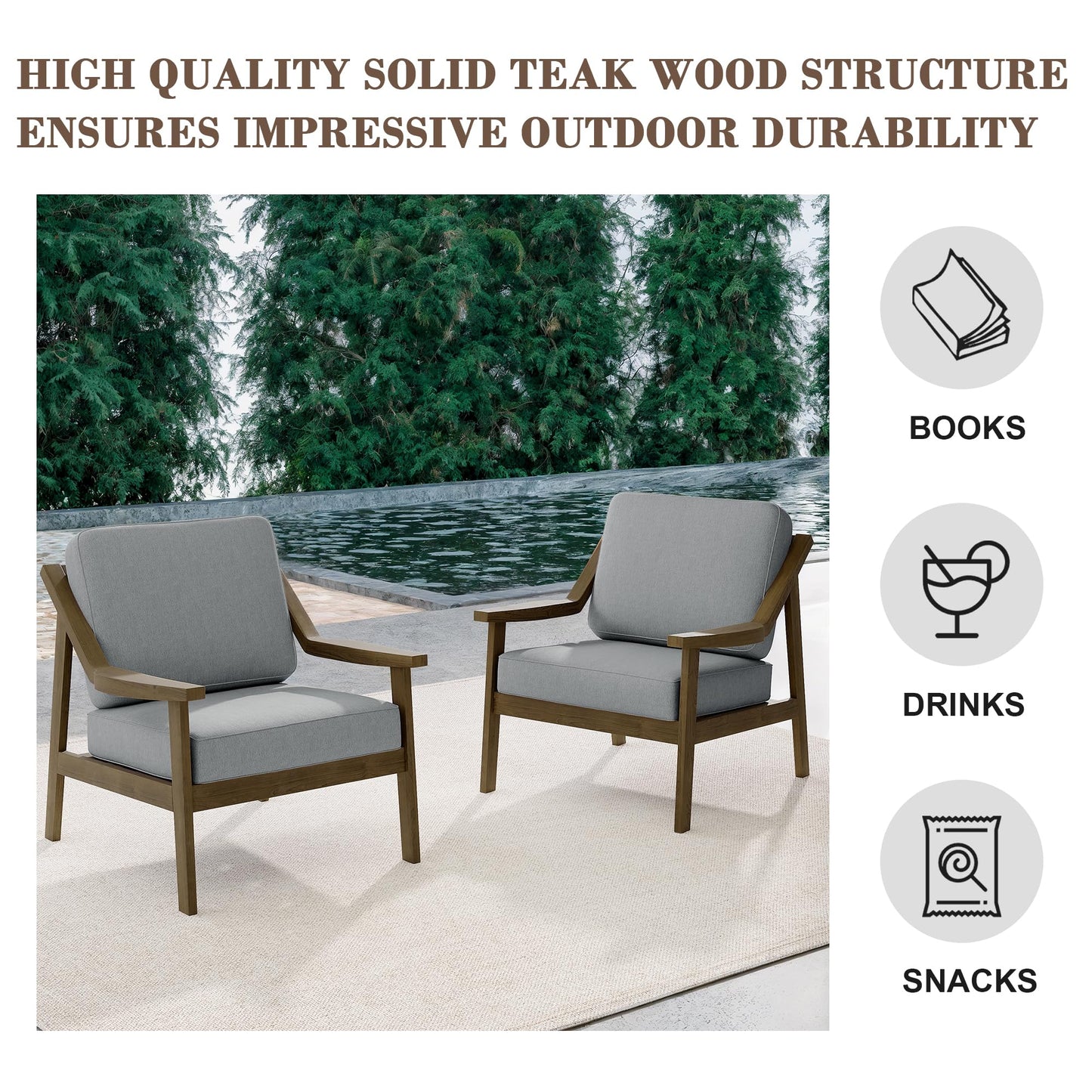 Outdoor Patio Furniture Set, 2 Piece Outdoor Patio Sofa Armchairs with Washable Thick Cushions, All-Weather Solid Wood Patio Bistro Set for Porch, Balcony, Natural Frame & Beige Cushion