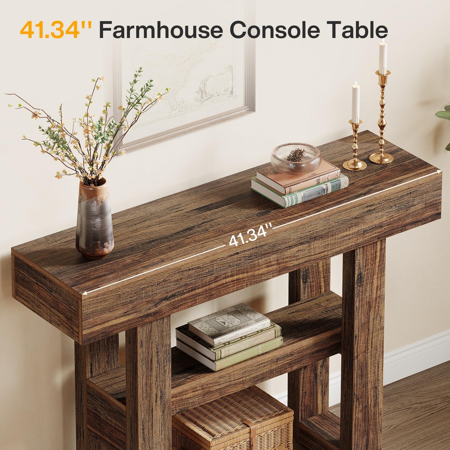 Tribesigns 41.34-Inch Farmhouse Console Table, 2-Tier Narrow Sofa Table Behind The Couch, Entryway Furniture with Storage Shelves for Hallway Foyer Living Room, Rustic Brown
