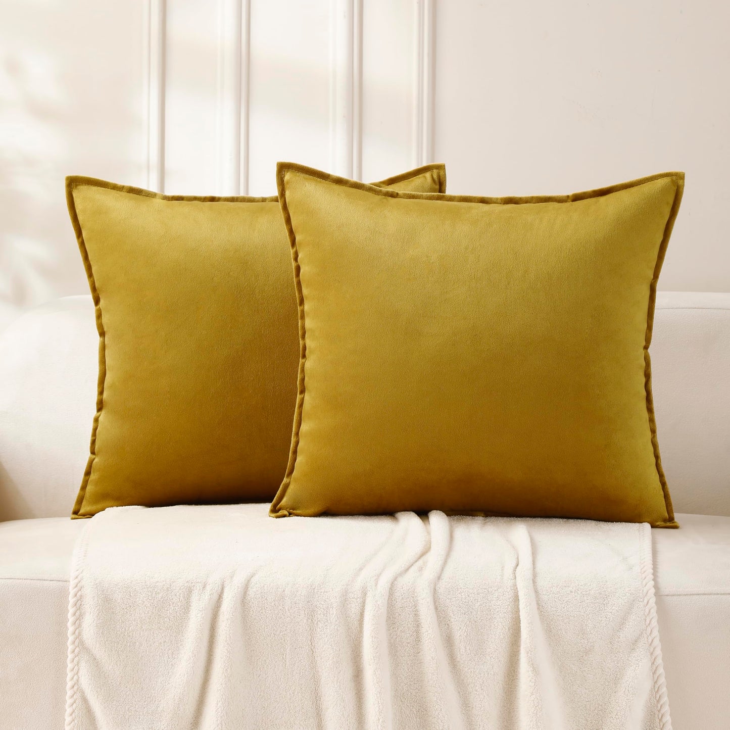VAKADO Throw Pillow Covers 18x18 Set of 2 Olive Green Velvet Decor Decorative Couch Cushion Euro Xmas Pillowcases with Fringe Home Bed Decoration for Sofa Bedroom Office