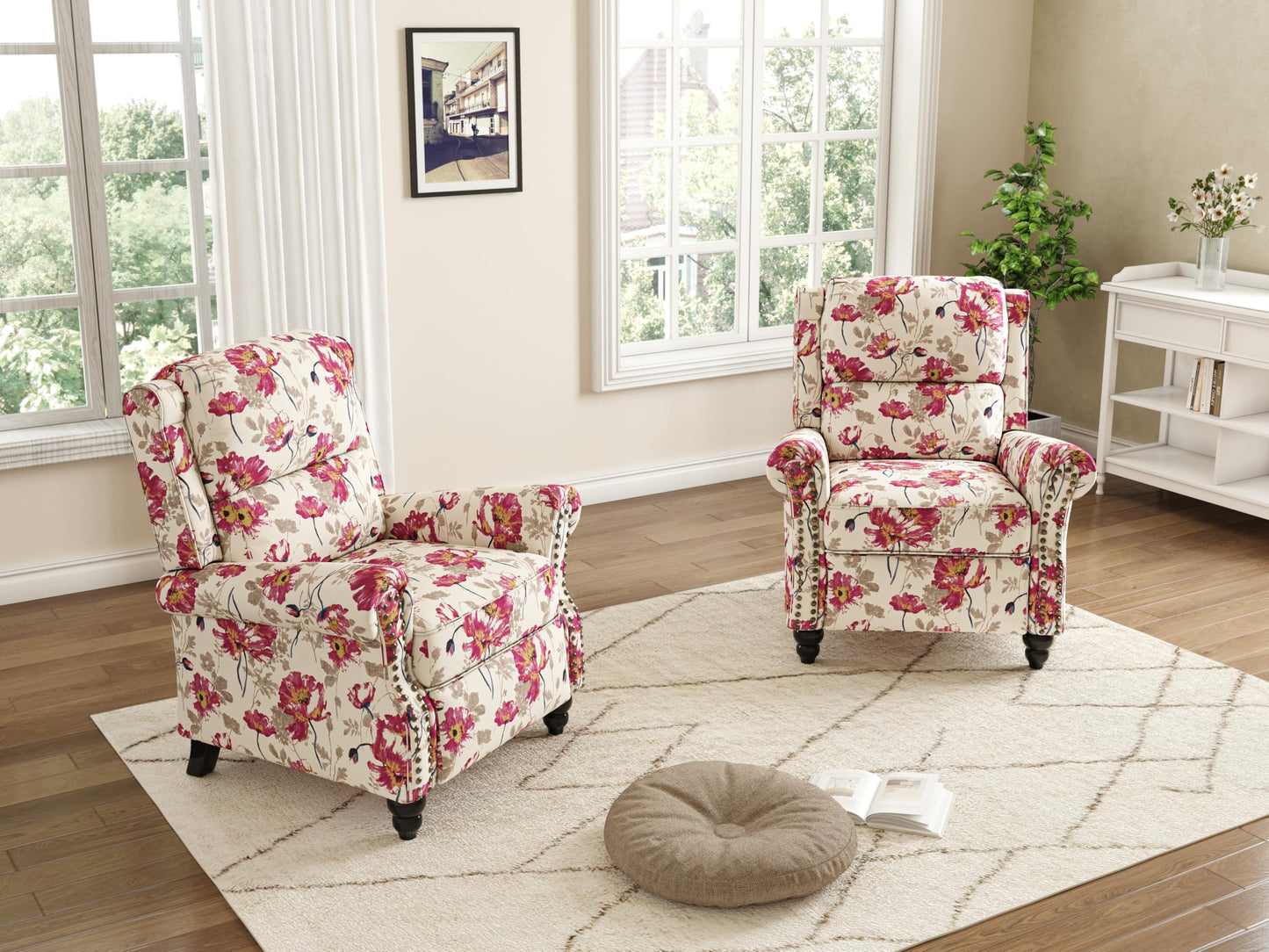 Pushback Recliner Chairs Set of 2, Comfy Fabric Wingback Recliner Chair, Upholstered Armchair Push Back Recliner with Wood Legs, Rivet Trim Accent Chair for Living Room, Bedroom, Blue Stripe