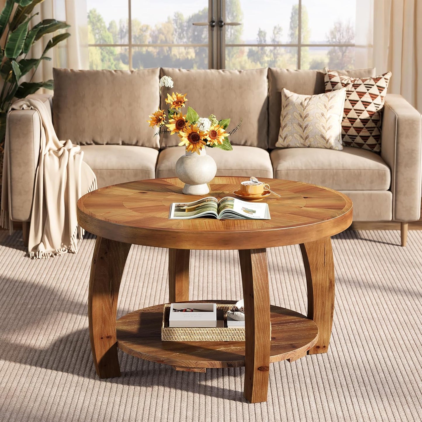Solid Wood Round Coffee Table, 2-Tier Center Table with Storage, 31.5 Inch Wood Tabletop with Mosaic Pattern, Easy Assembly, for Living Room, Brown