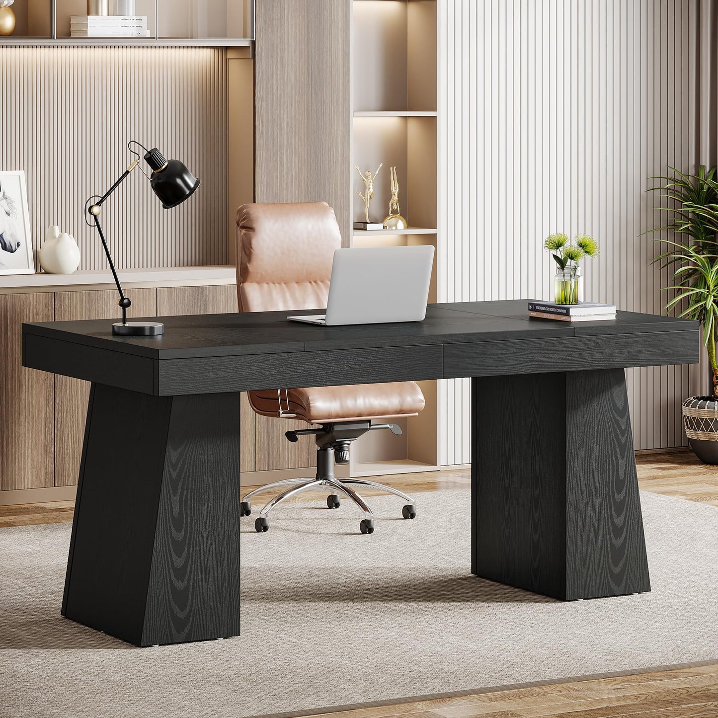 Tribesigns 55 Inches Executive Desk, Mid-Century Modern Home Office Desk, Wood MDF Computer Table Business Workstation Small Conference Table, Light Brown