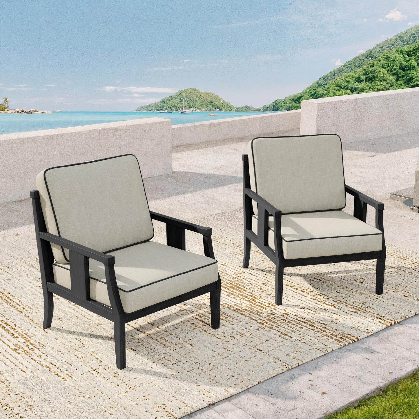 Outdoor Patio Armchairs Set of 2, All-Weather Solid Wood Patio Furniture Sets, Outdoor Sofa Chairs with Washable Thick Cushions for Porch, Balcony, Deck, Black Frame & Gray Cushion