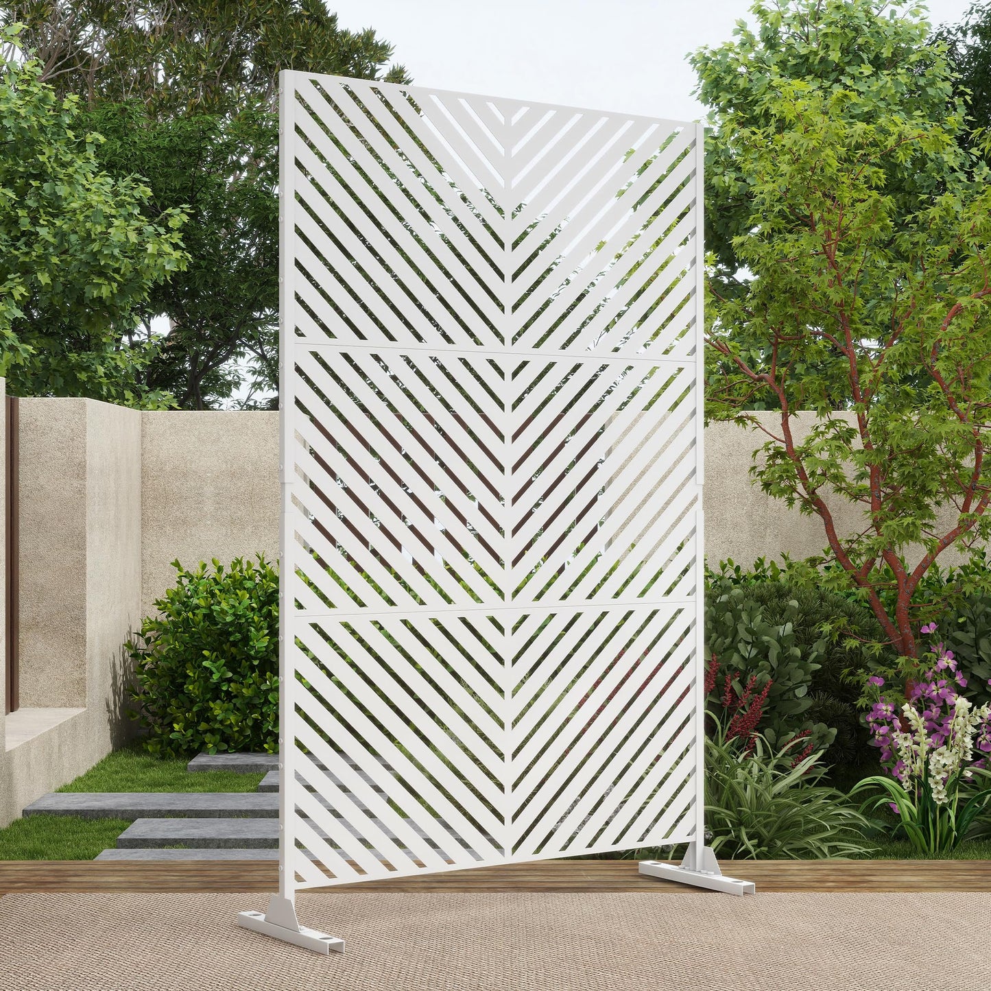 Outdoor Metal Privacy Screen with Stand, 72" H x 47" W Freestanding Outdoor Patio Divider, Decorative Patio Privacy Fence Panel for Garden Backyard Balcony Porch (Brown-Crossbanding)