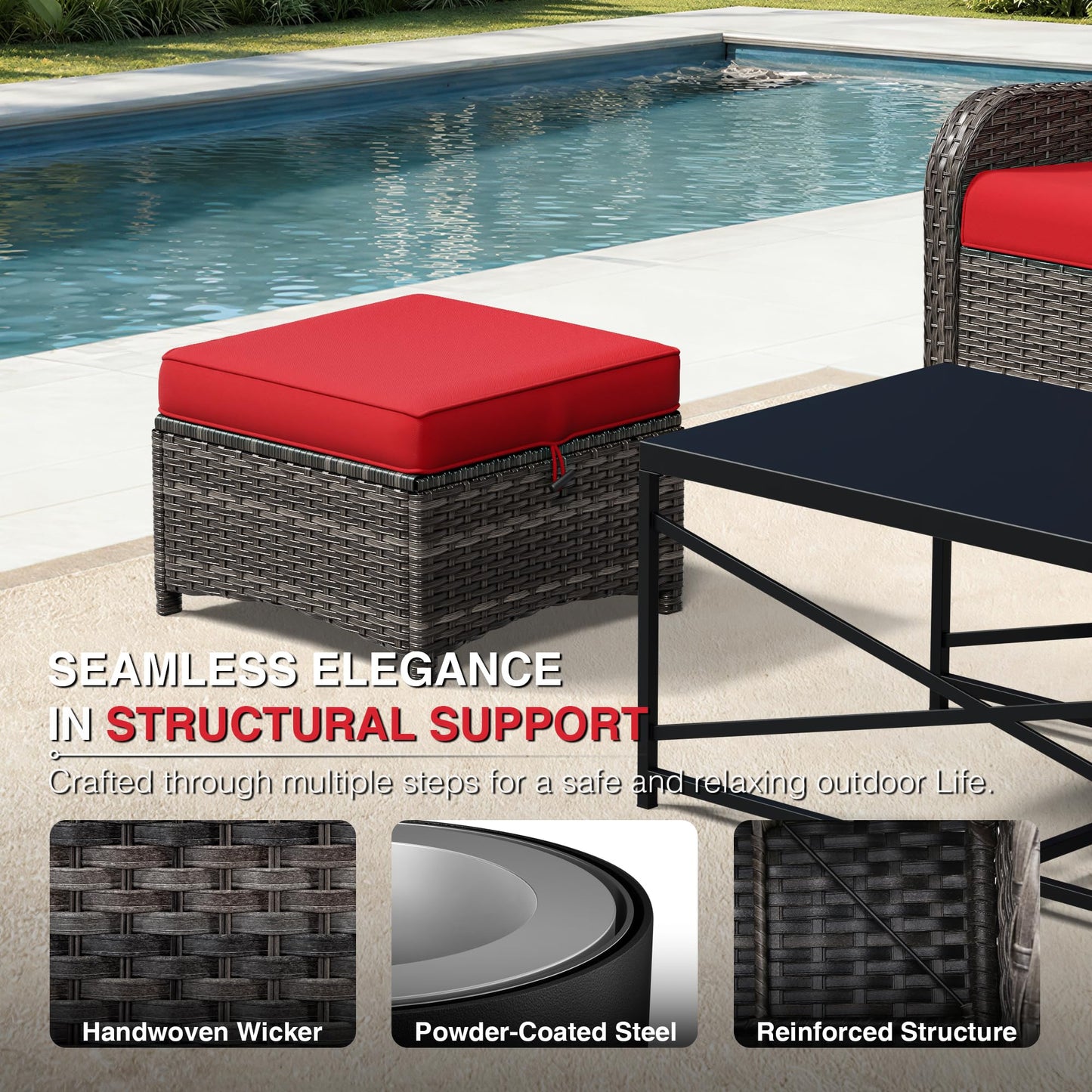 Joyside Outdoor Ottoman Set of 2, Patio Large Ottoman Foot Rest with Thickened Cushions, Outdoor Wicker Foot Stool for Porch, Deck Use