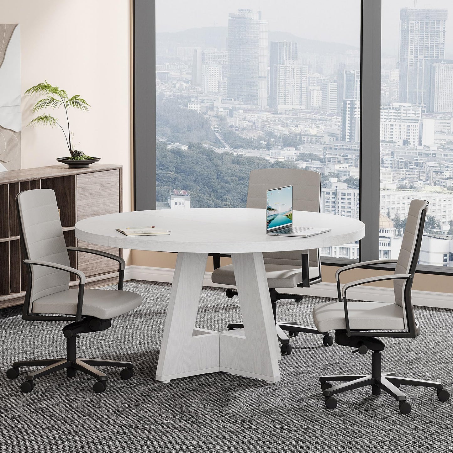 Tribesigns 47-Inch Round Conference Table for 4-6 People, Wooden Meeting Room Table with Thicken Tabletop and Wood Base (Grey)