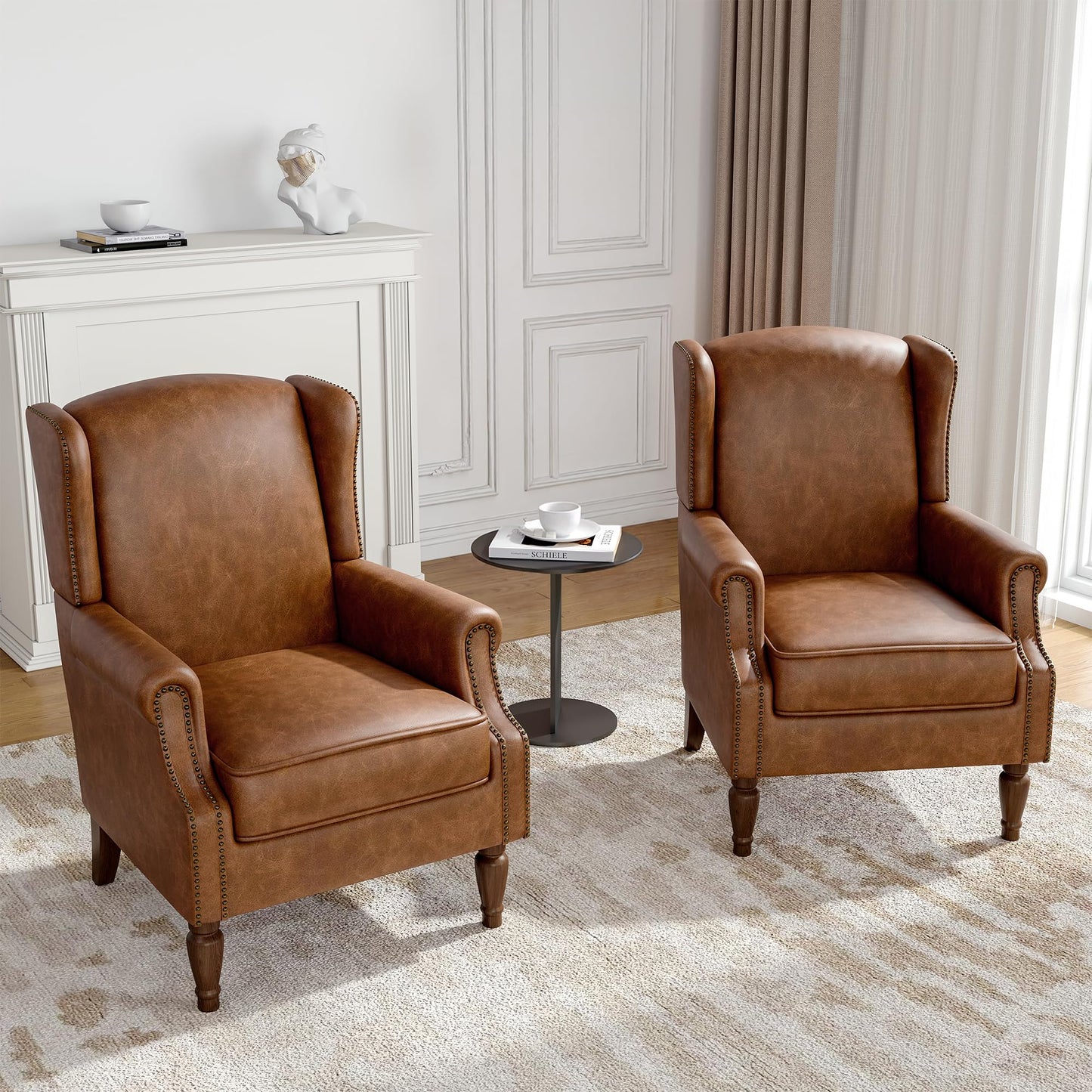 Floral Wingback Accent Chair, High Back Upholstered Armchair, Comfy Fabric Wingback Arms Chairs with Solid Wood Legs, Single Sofa Reading Chair for Bedroom Living Room, Beige