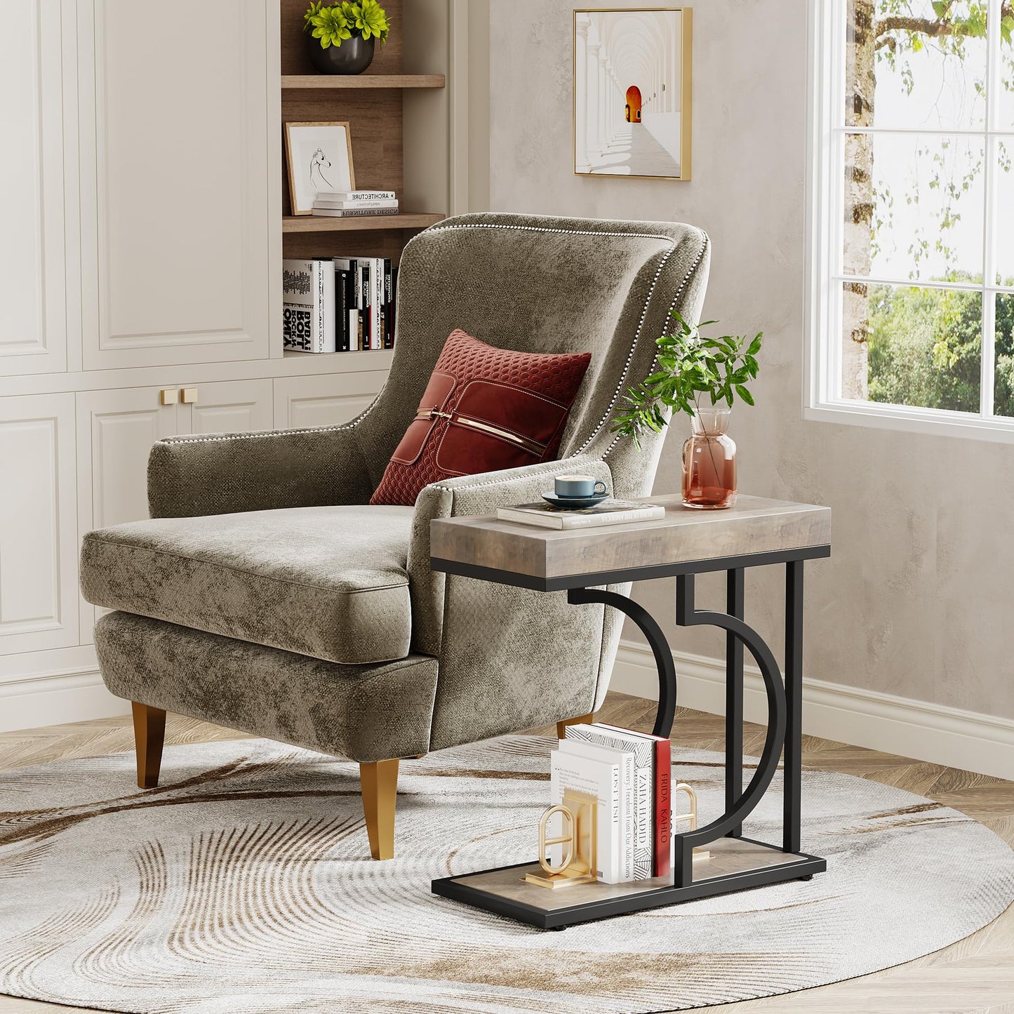 Tribesigns Narrow Side Table for Couch, C Shaped End Table with Metal Frame, Modern Bedside Tables, Small Sofa Tables for Small Spaces, Living Room (1, Brown+Black)