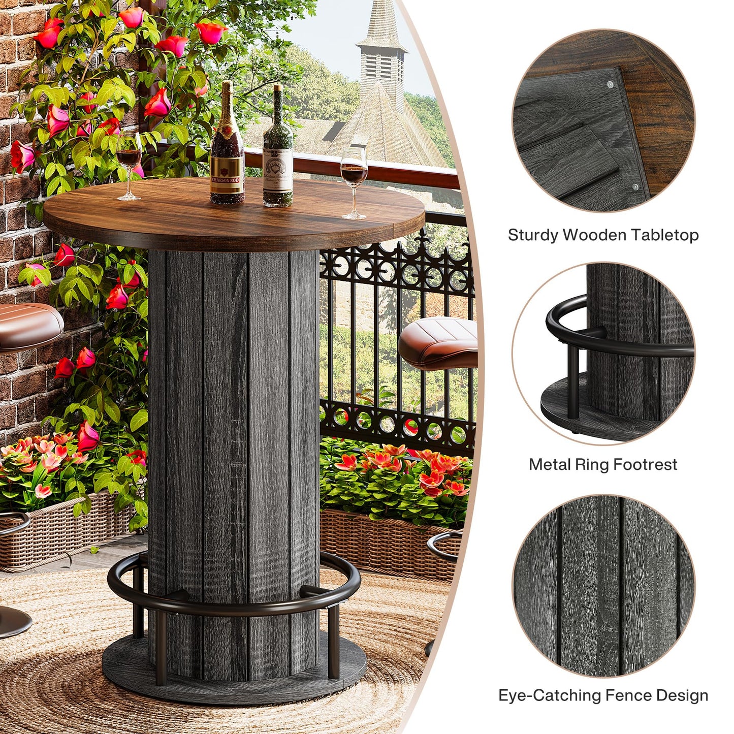 Tribesigns Round Bar Table, 39.4" H Wood Bistro Pub Table with Metal Ring Footrest for Dining Coffee Cocktail Living Room, Small Space, Black (Only Table)