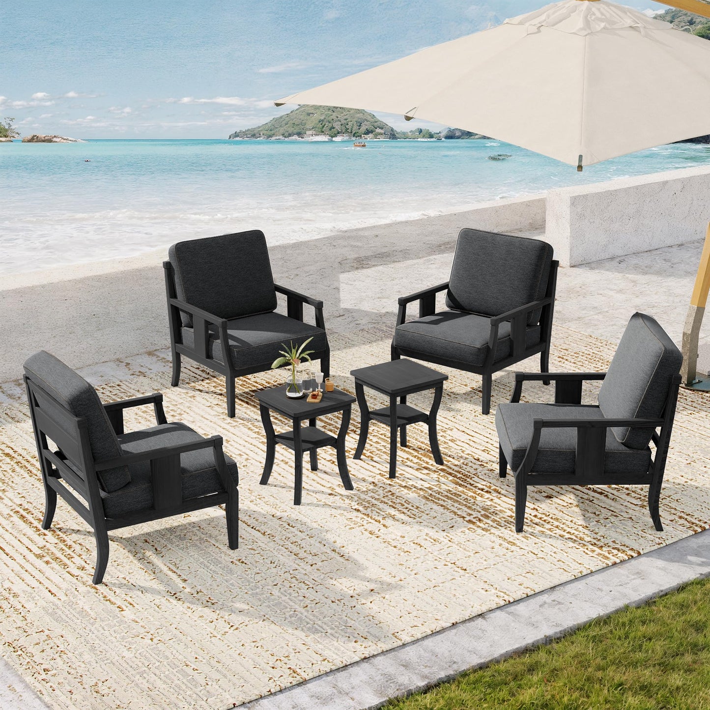 Outdoor Patio Armchairs Set of 2, All-Weather Solid Wood Patio Furniture Sets, Outdoor Sofa Chairs with Washable Thick Cushions for Porch, Balcony, Deck, Black Frame & Gray Cushion
