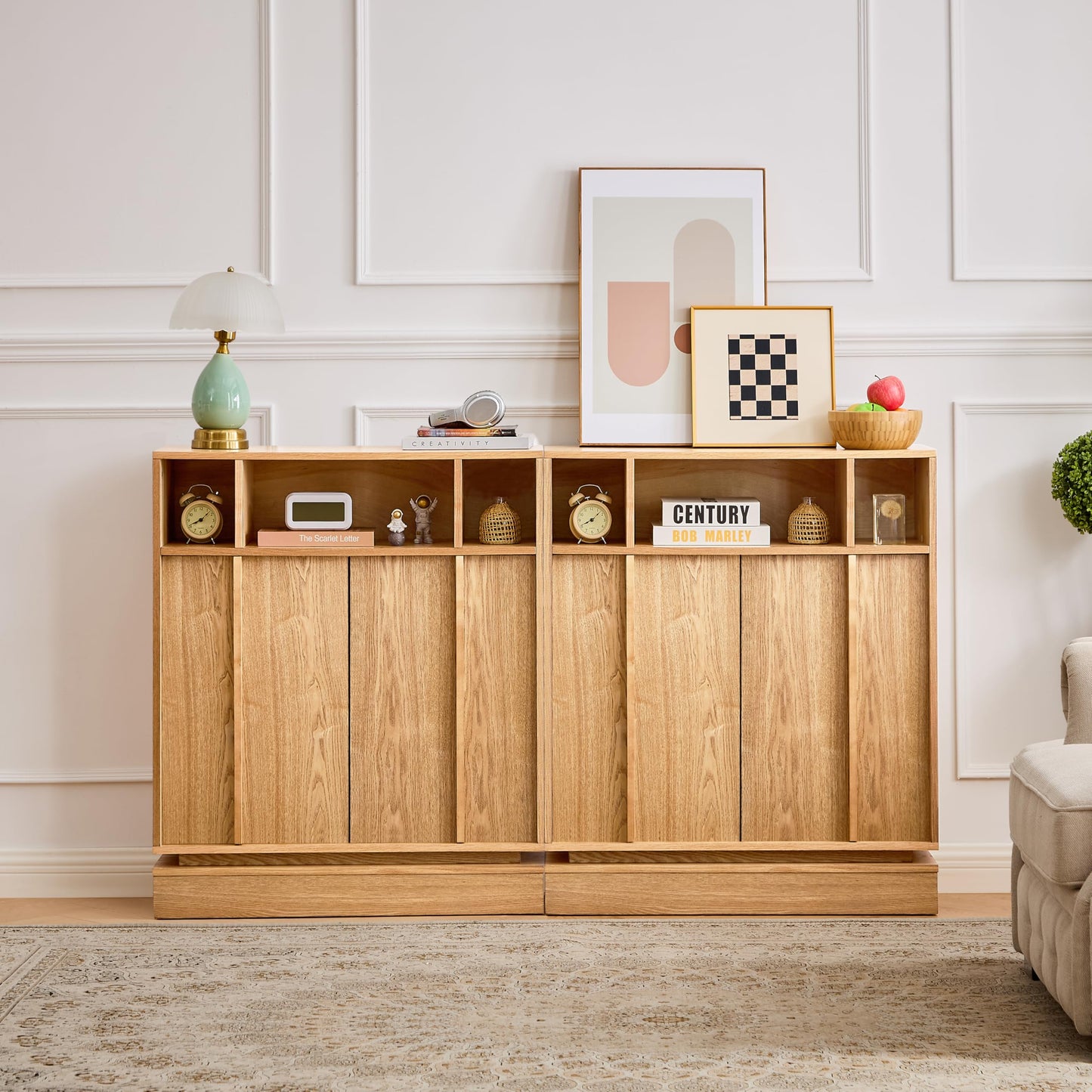 LKTART 63" Rattan Sideboard Buffet Cabinet,Kitchen Storage Cabinet,Wood Coffee Bars with 4 Doors & Open Storage Shelves,Mid Century Modern Credenza Console Table for Living Room,Walnut