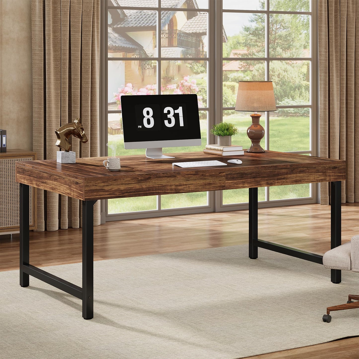 Tribesigns 55" Industrial Executive Desk for Home Office, Rustic Simple Computer Laptop Desk with Strong Metal Legs, Study Writing Table Business Workstation, Small Conference Table