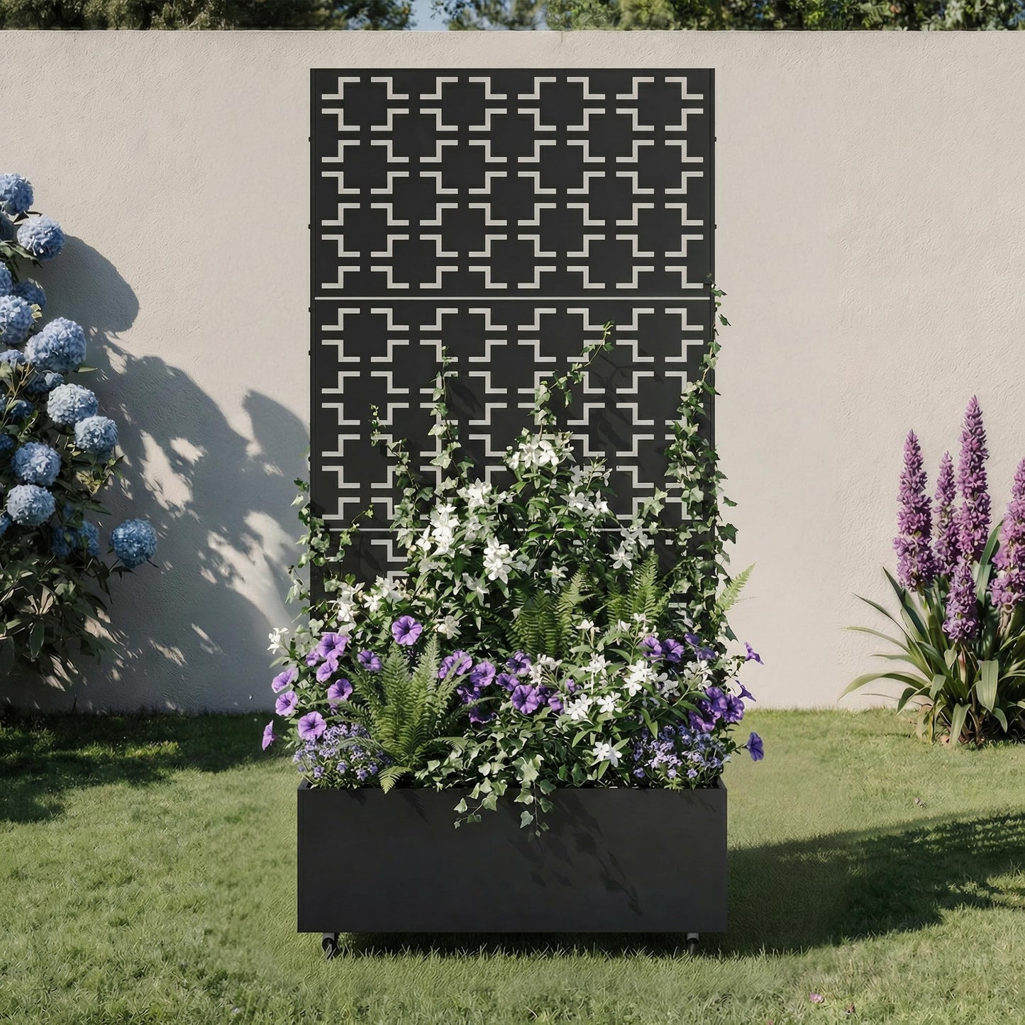 Metal Raised Garden Bed with Trellis and Wheels, 71"x47"x16" Planter Box with Privacy Screen & Drainage Holes, Arched Outdoor Garden Bed for Climbing Plants, Vegetables, Flowers (Black-Square)