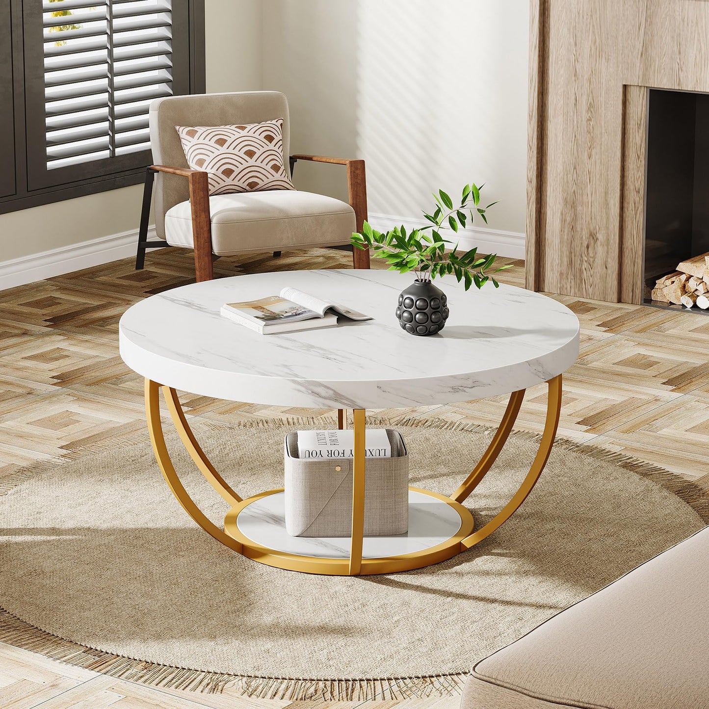 Tribesigns Round Coffee Table, 31.7" Wooden 2-Tier Circle Coffee Table with Storage Shelves, Modern Accent Cocktail Table Center Table for Living Room, Grey