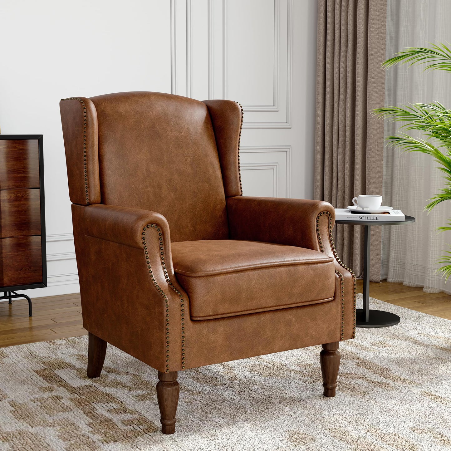 Floral Wingback Accent Chair, High Back Upholstered Armchair, Comfy Fabric Wingback Arms Chairs with Solid Wood Legs, Single Sofa Reading Chair for Bedroom Living Room, Beige