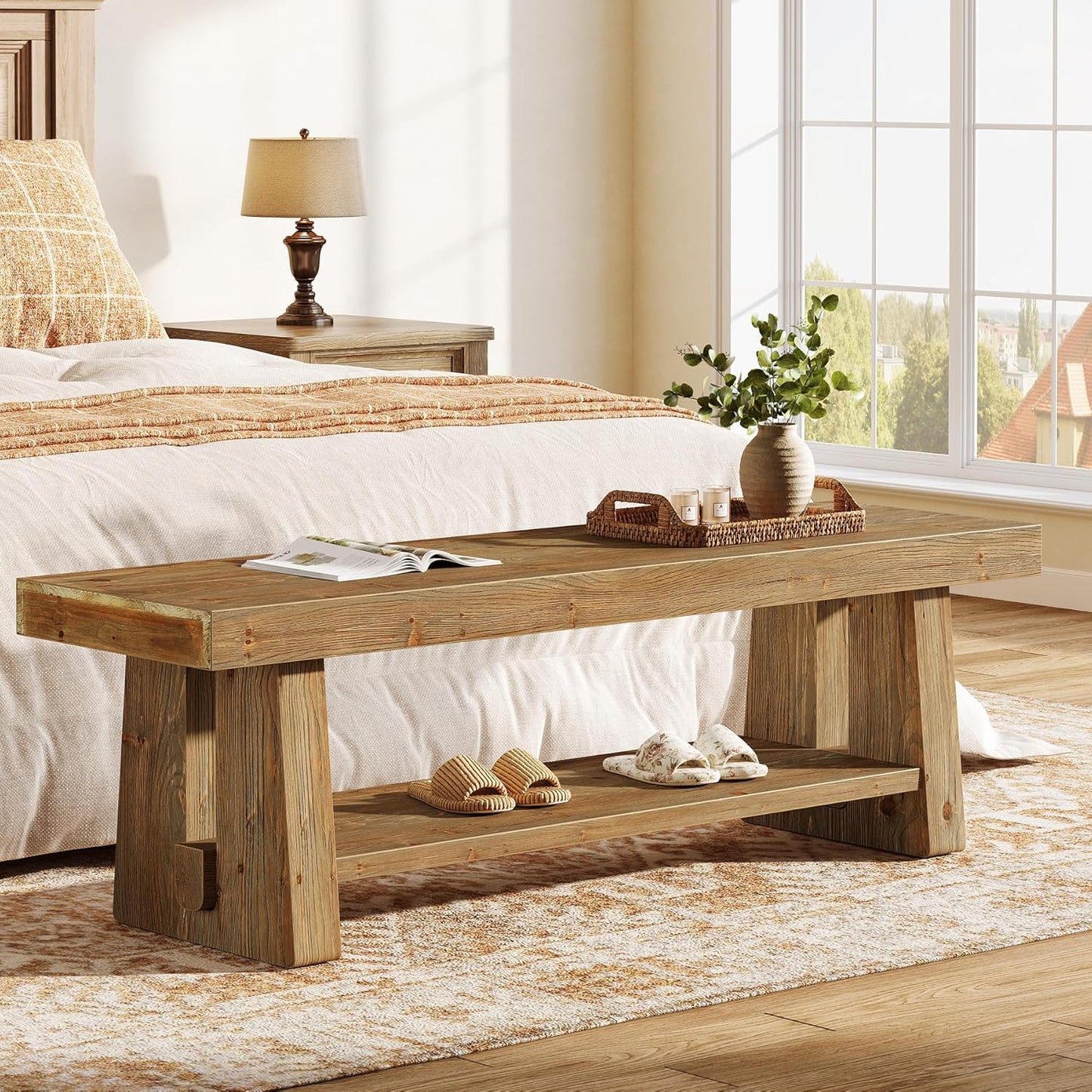 63'' Solid Wood Entryway Bench with Open Shelves, 2-Tier End of Bed Bench, Farmhouse Wooden Bench Indoor for Dining Room, Living Room, Hallway, Bedroom